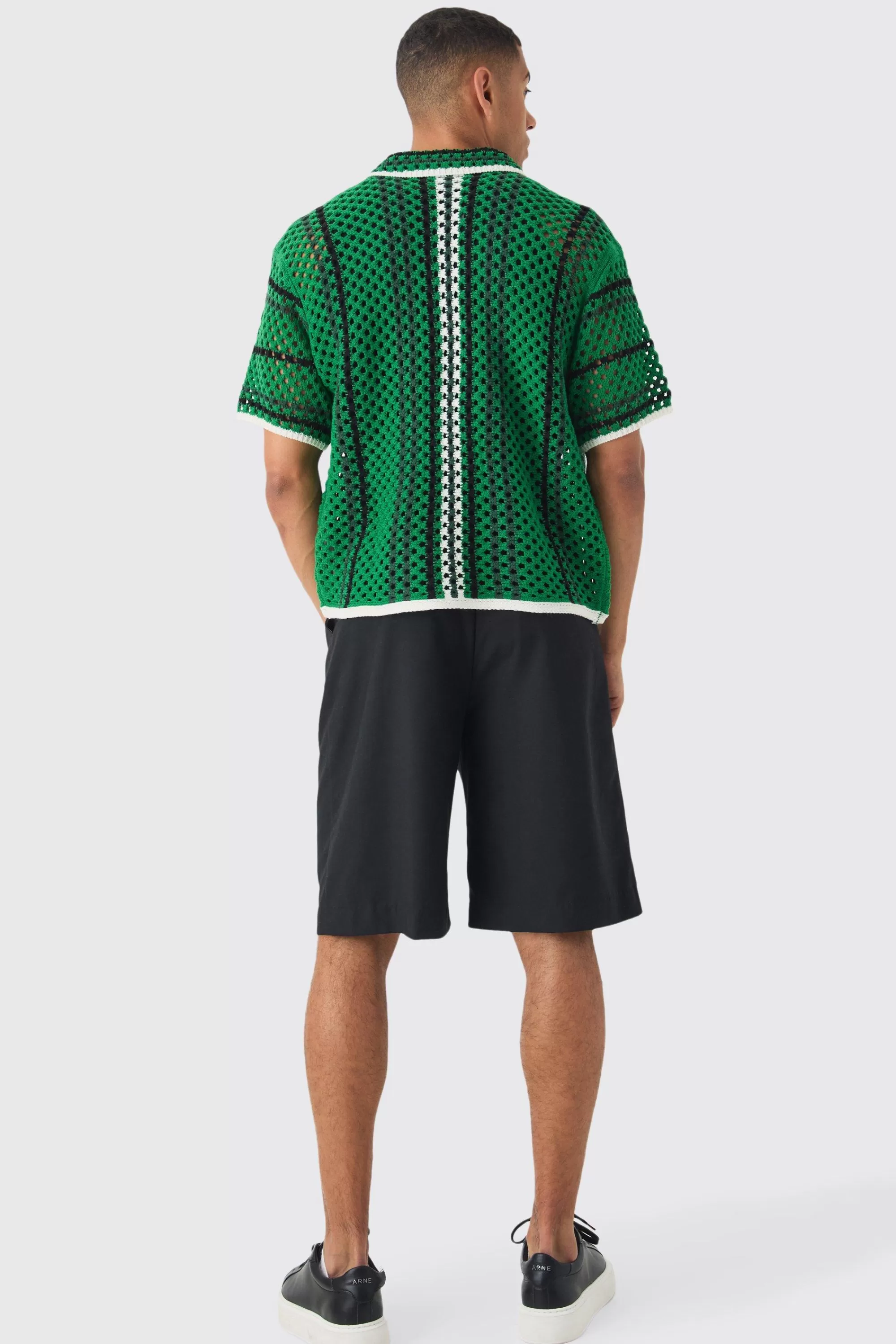 boohooMAN Oversized Boxy Open Stitch Stripe Knit Shirt | UK