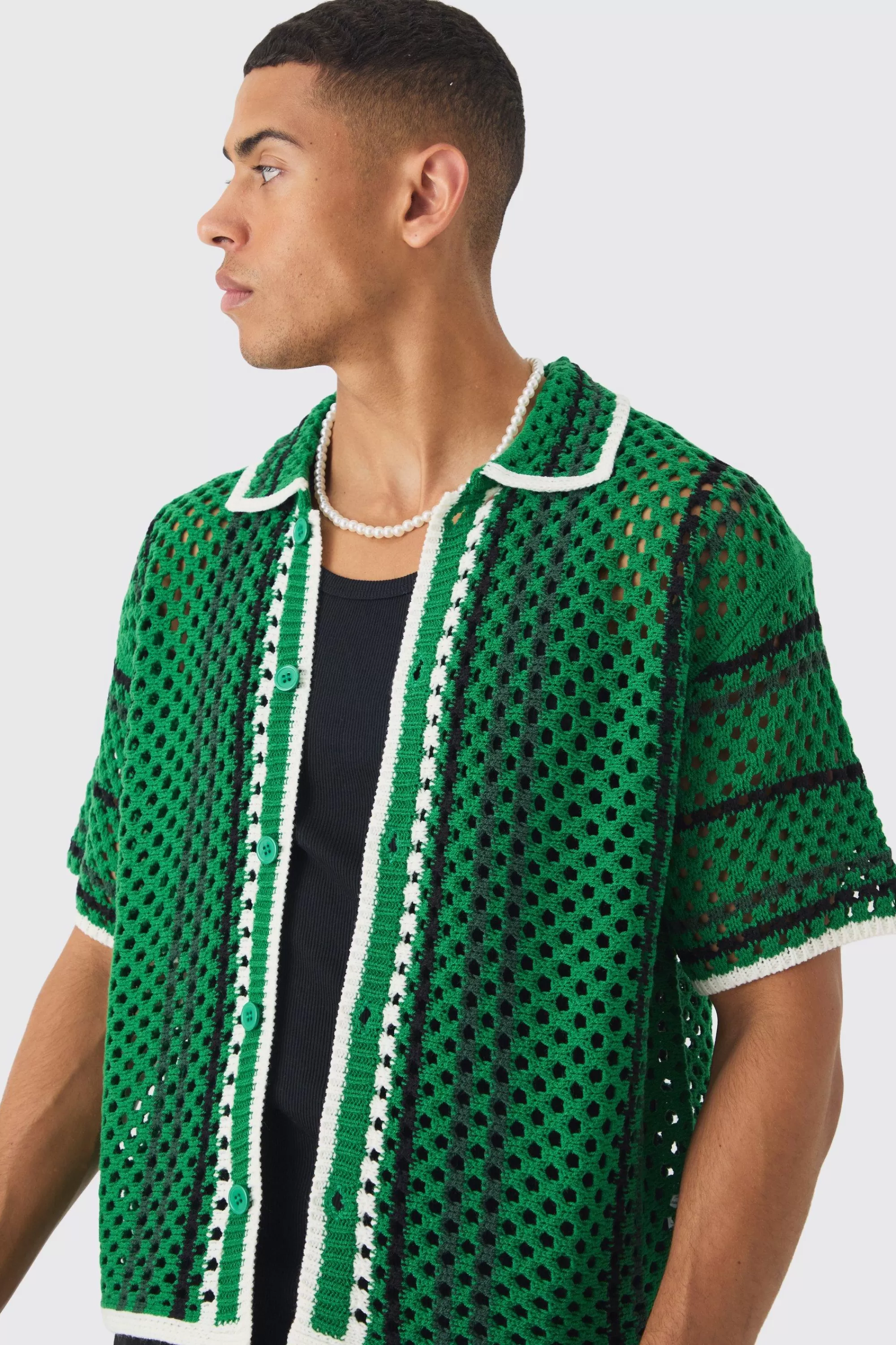 boohooMAN Oversized Boxy Open Stitch Stripe Knit Shirt | UK