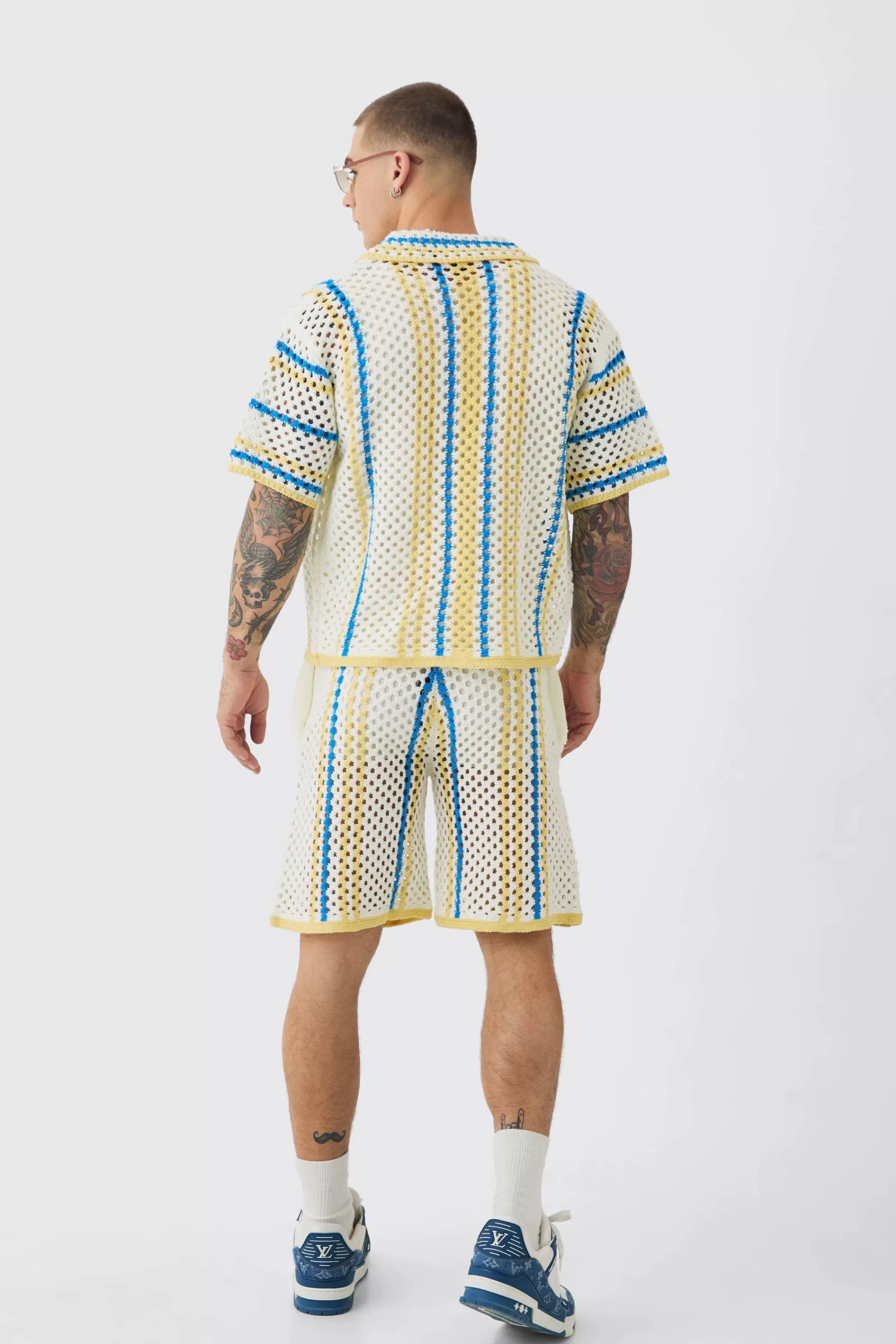boohooMAN Oversized Boxy Open Stitch Stripe Short Set | UK