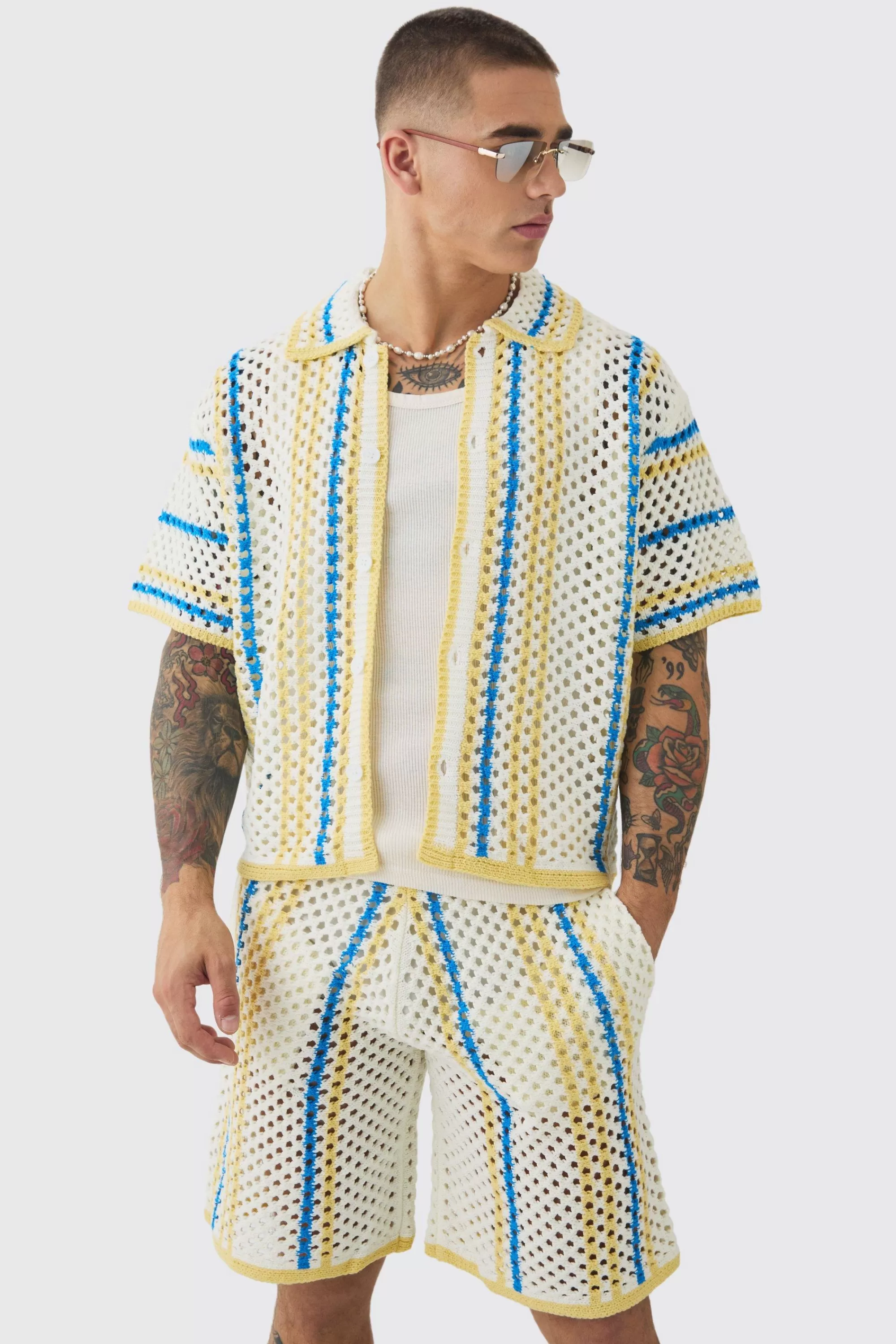 boohooMAN Oversized Boxy Open Stitch Stripe Short Set | UK