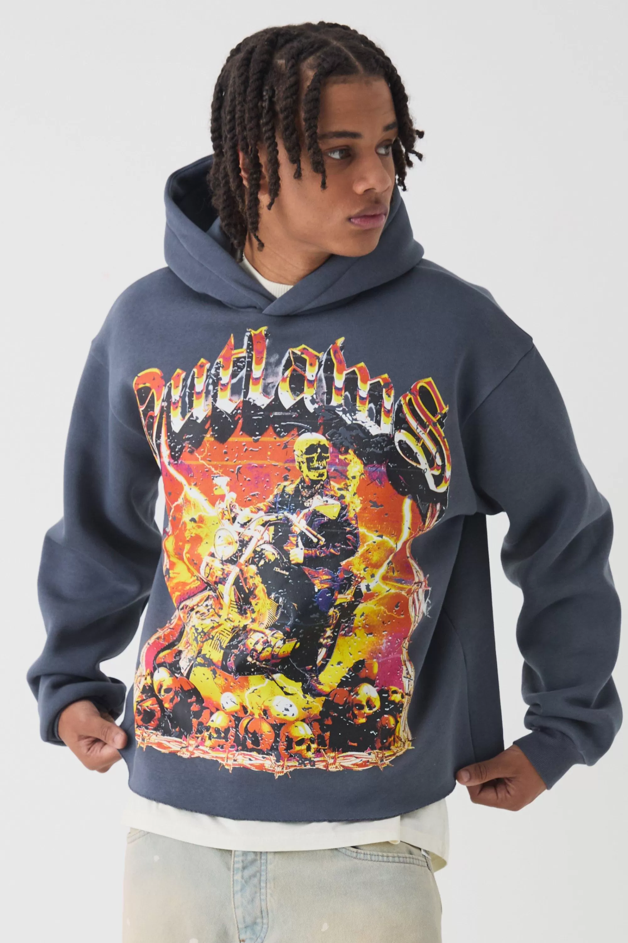 boohooMAN Oversized Boxy Outlaws Large Scale Graphic Hoodie | UK