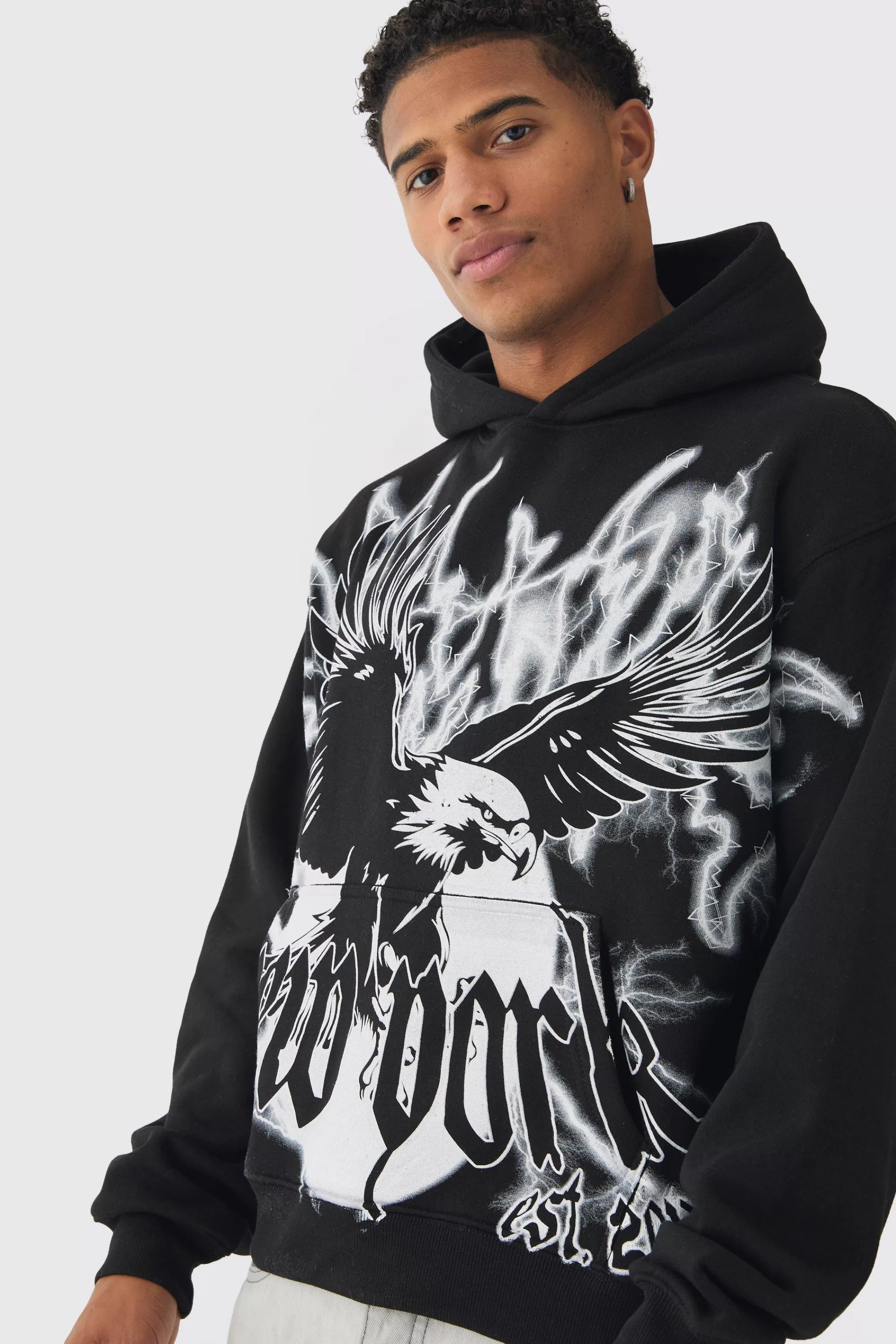boohooMAN Oversized Boxy Over The Seams Eagle Graphic Hoodie | UK