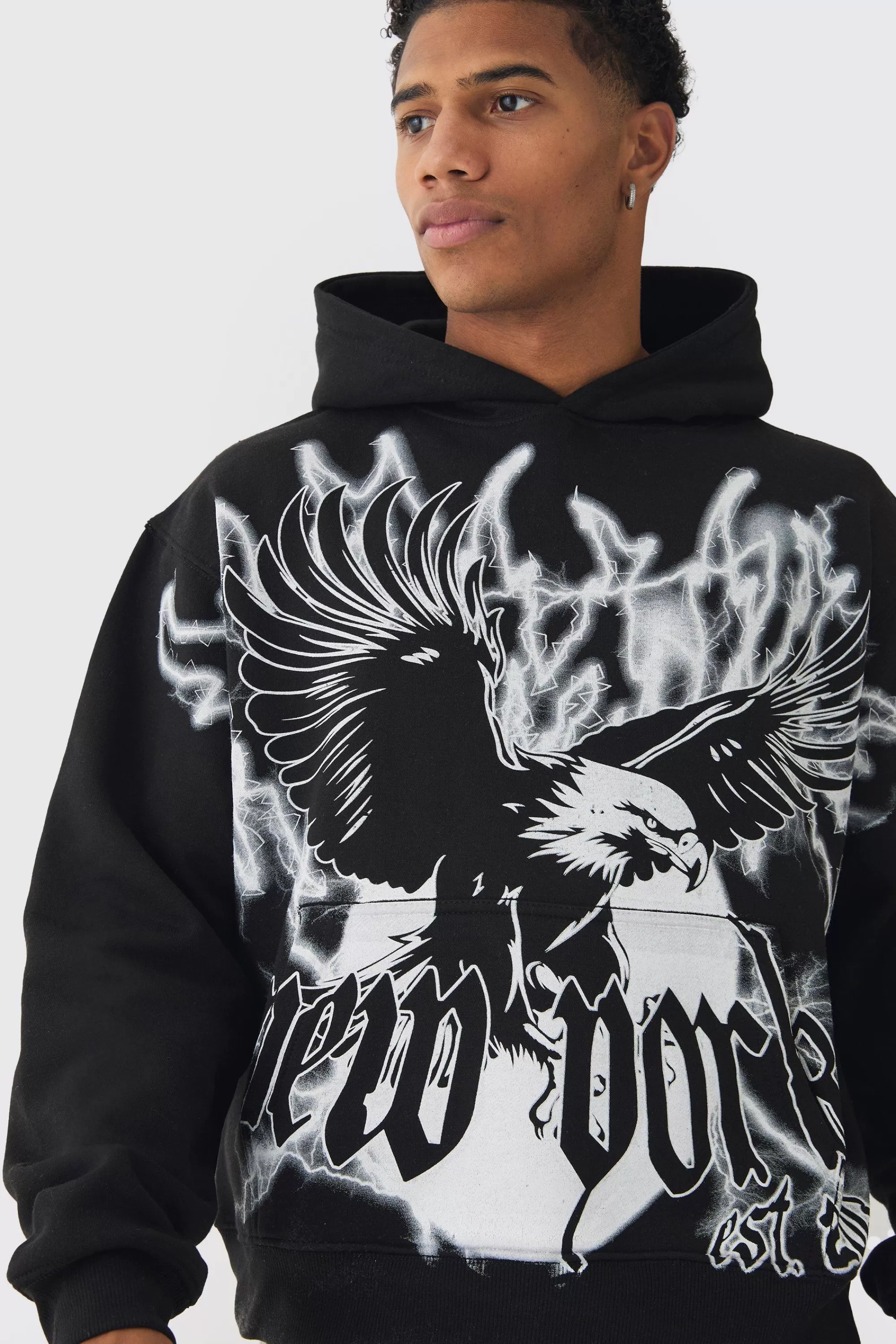 boohooMAN Oversized Boxy Over The Seams Eagle Graphic Hoodie | UK