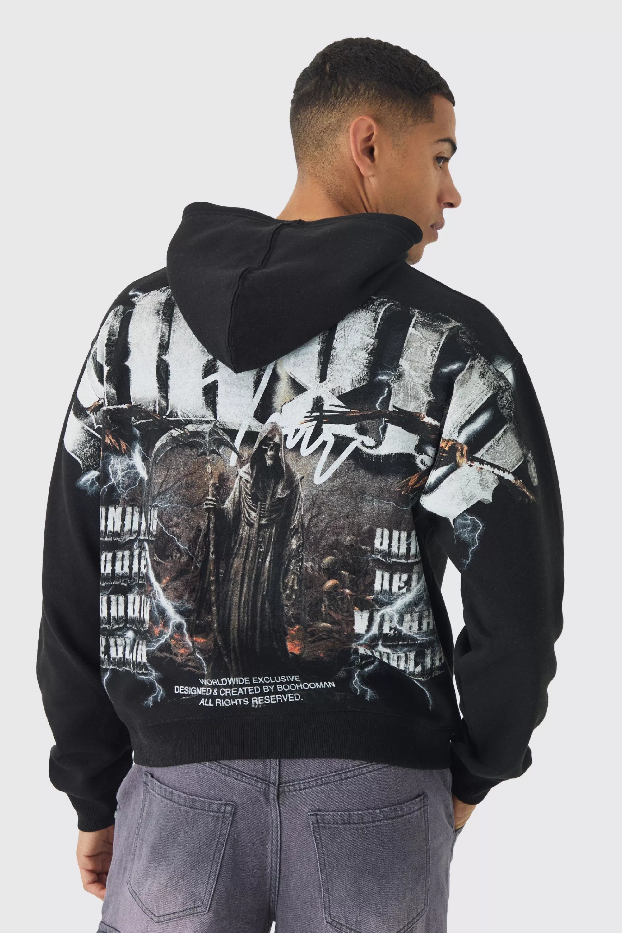 boohooMAN Oversized Boxy Over The Seams Gothic Back Graphic Hoodie | UK