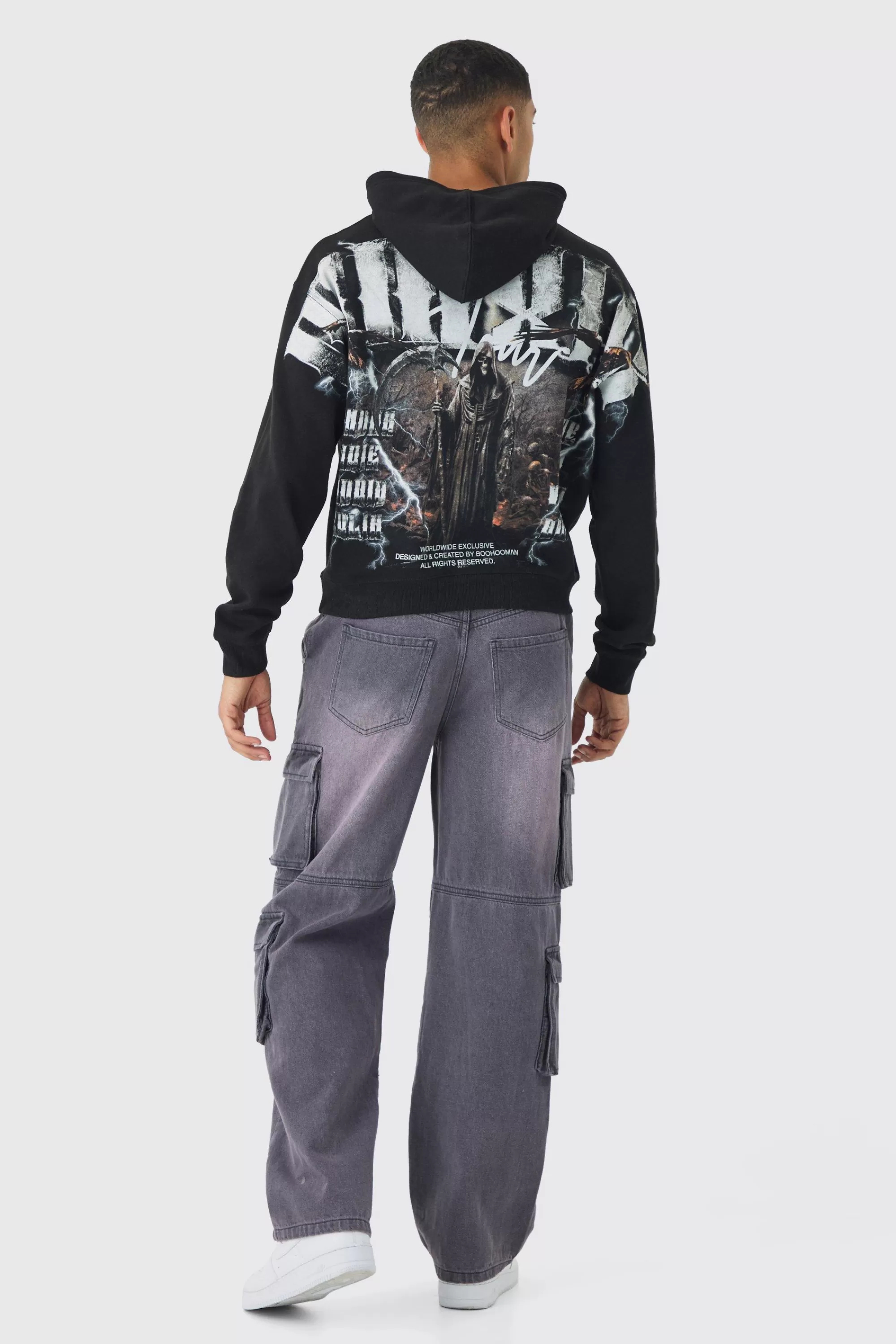 boohooMAN Oversized Boxy Over The Seams Gothic Back Graphic Hoodie | UK