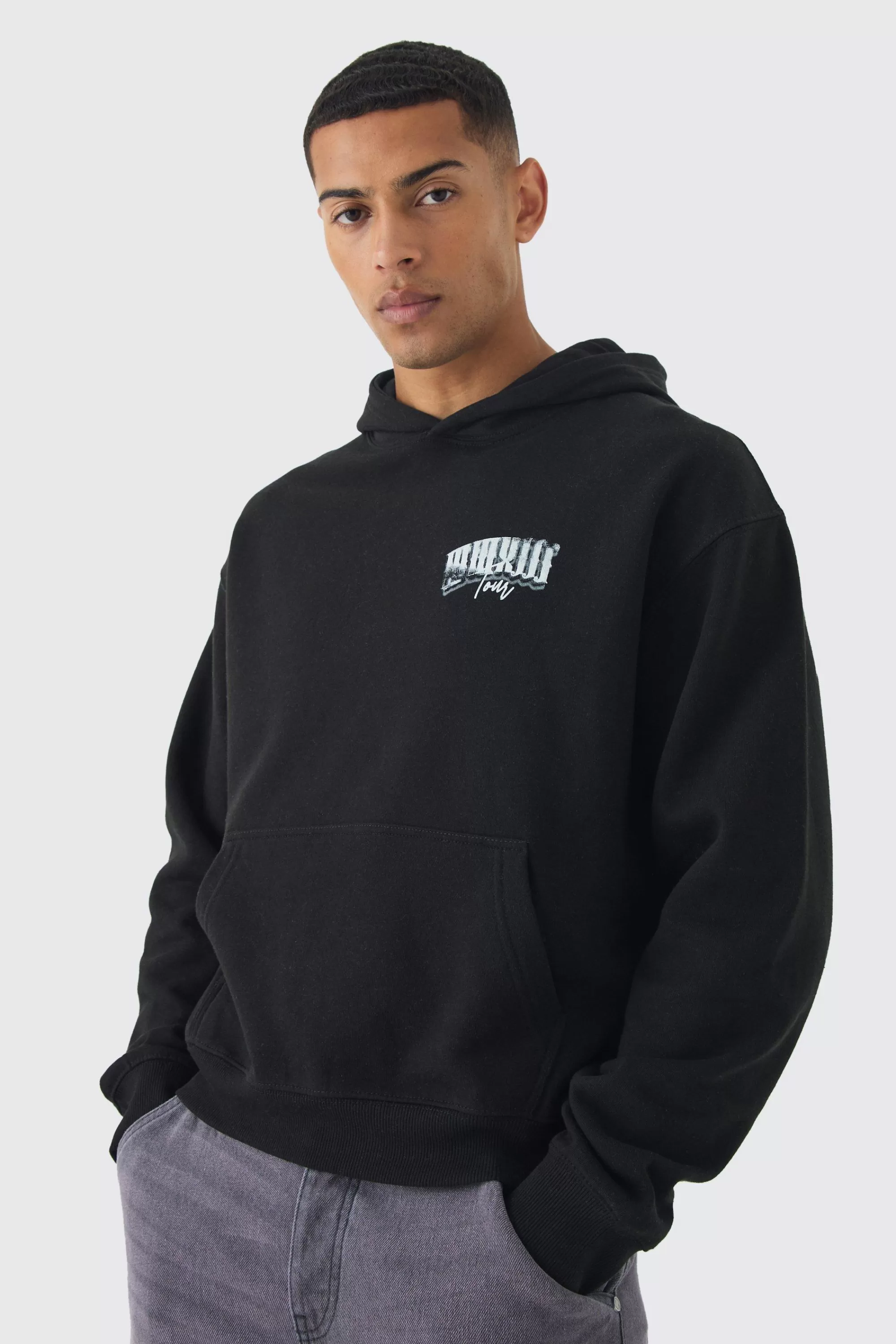 boohooMAN Oversized Boxy Over The Seams Gothic Back Graphic Hoodie | UK