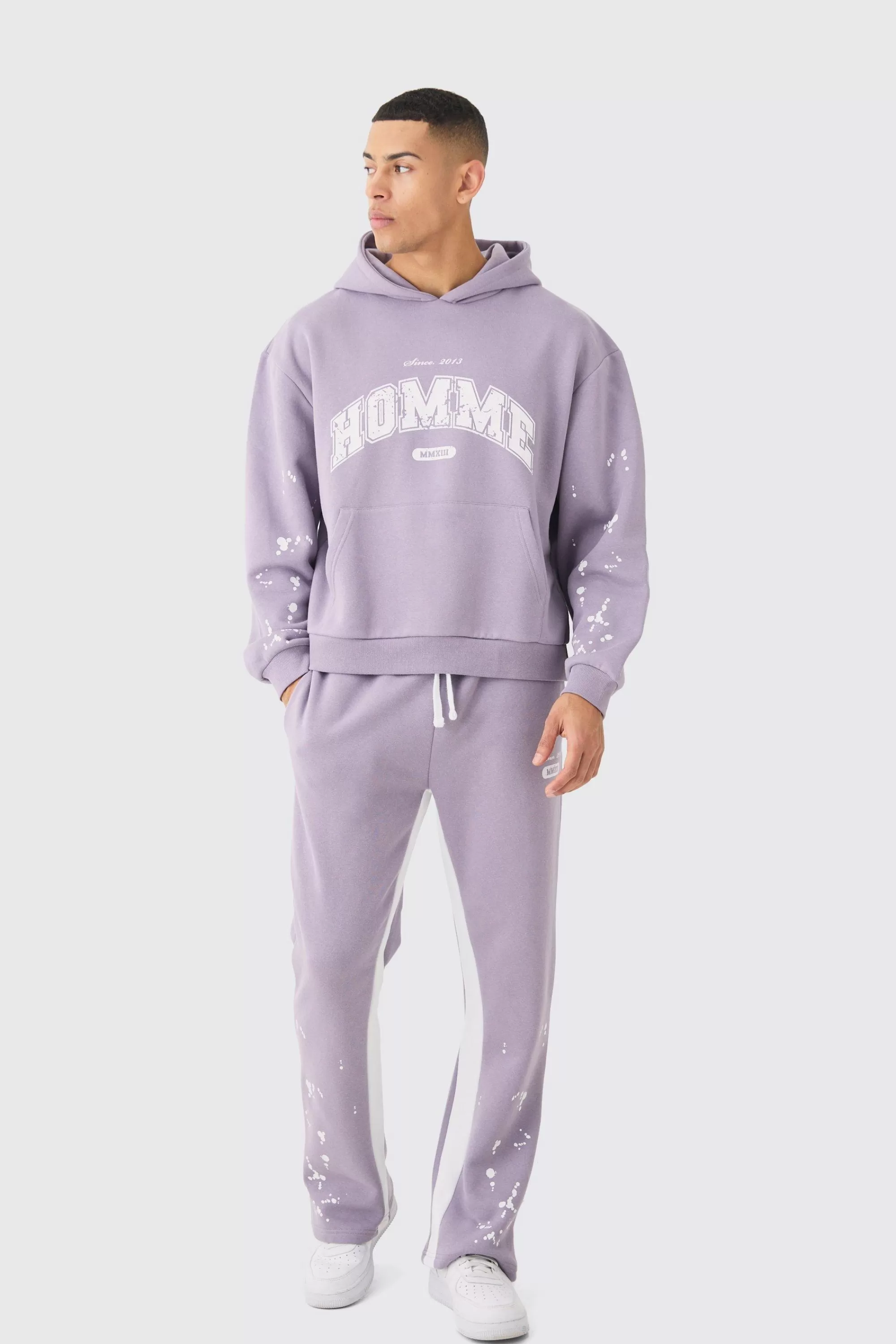 boohooMAN Oversized Boxy Paint Splatter Homme Gusset Tracksuit | UK