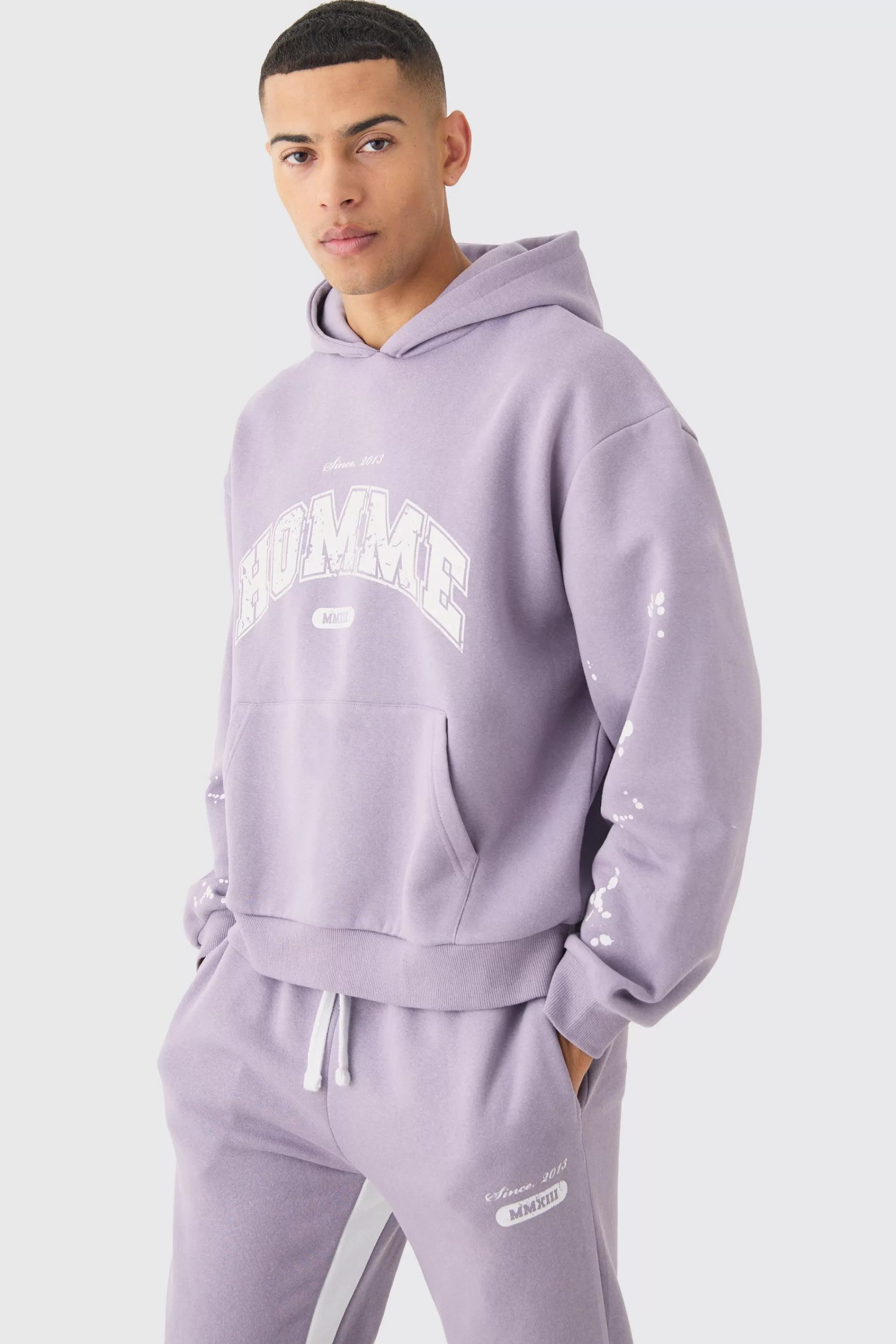 boohooMAN Oversized Boxy Paint Splatter Homme Gusset Tracksuit | UK