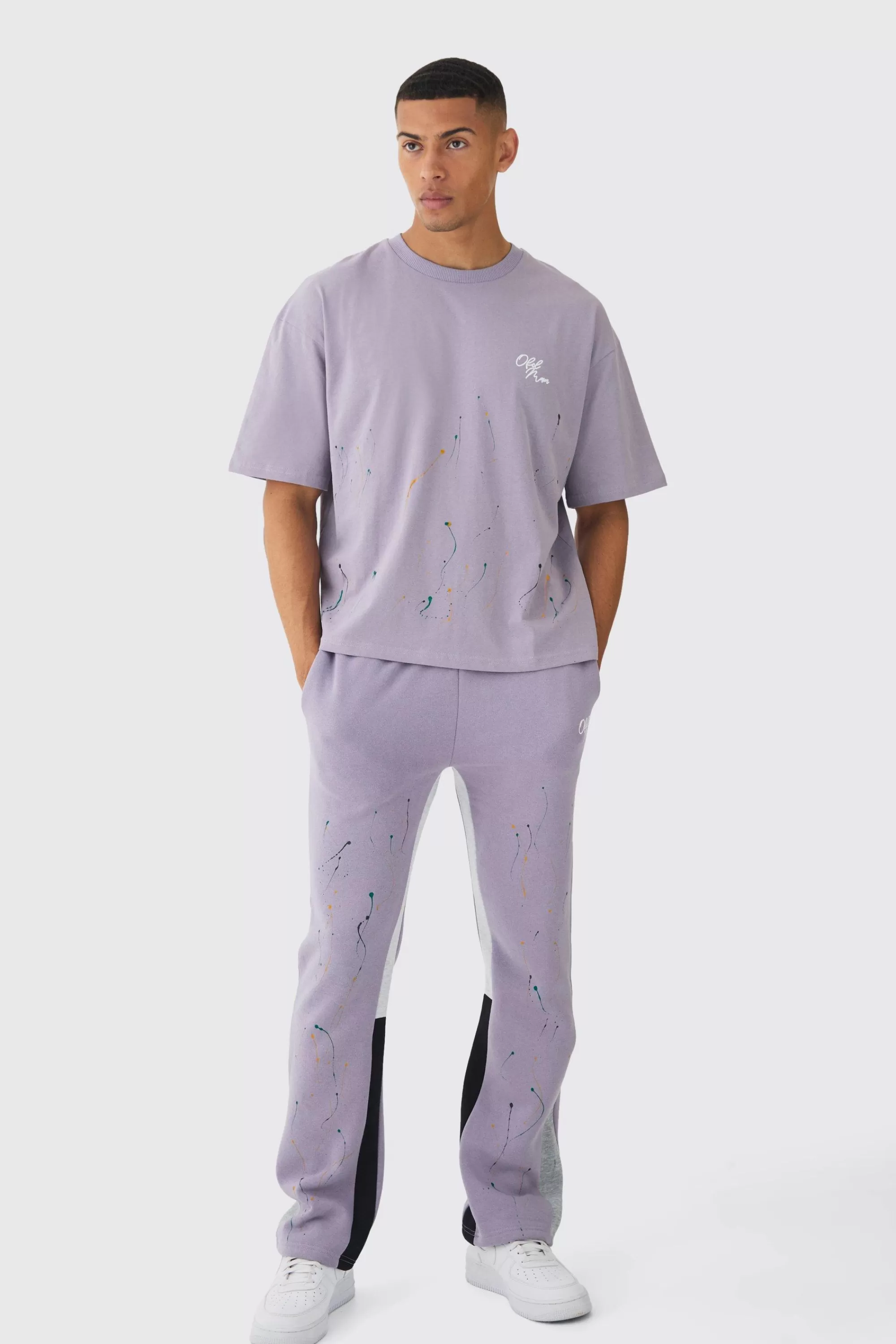 boohooMAN Oversized Boxy Paint Splatter T-shirt And Gusset Jogger Set | UK