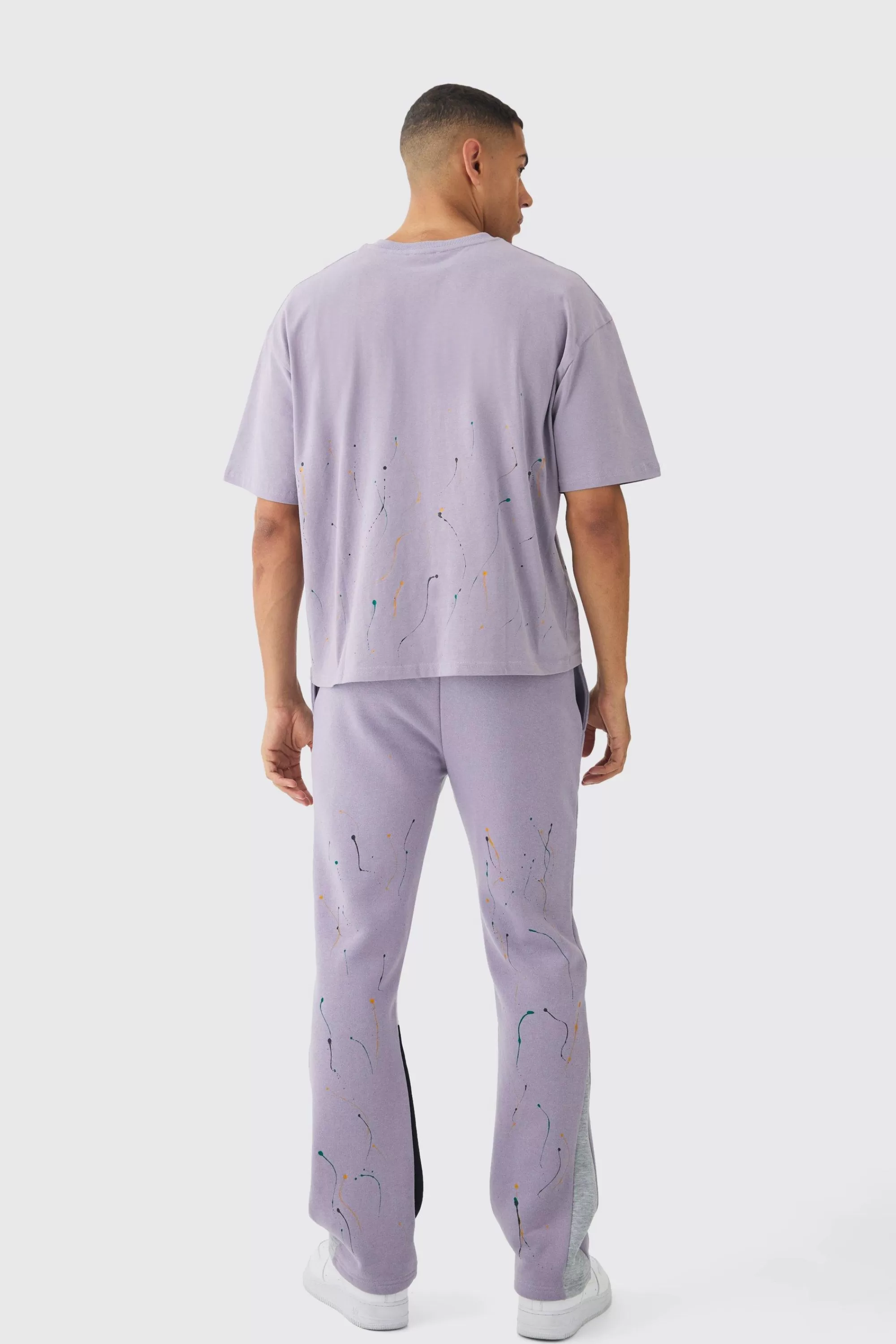 boohooMAN Oversized Boxy Paint Splatter T-shirt And Gusset Jogger Set | UK