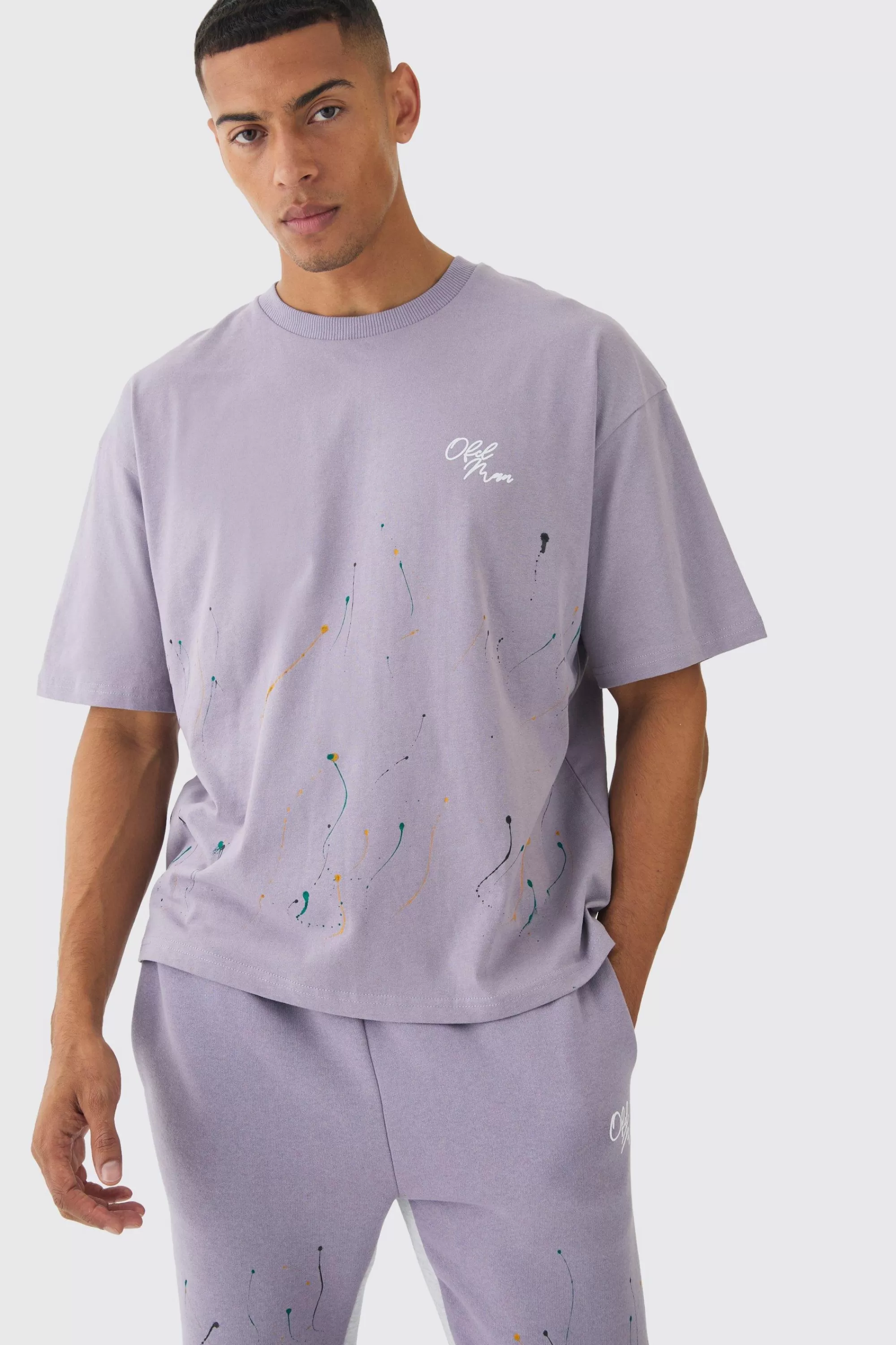 boohooMAN Oversized Boxy Paint Splatter T-shirt And Gusset Jogger Set | UK