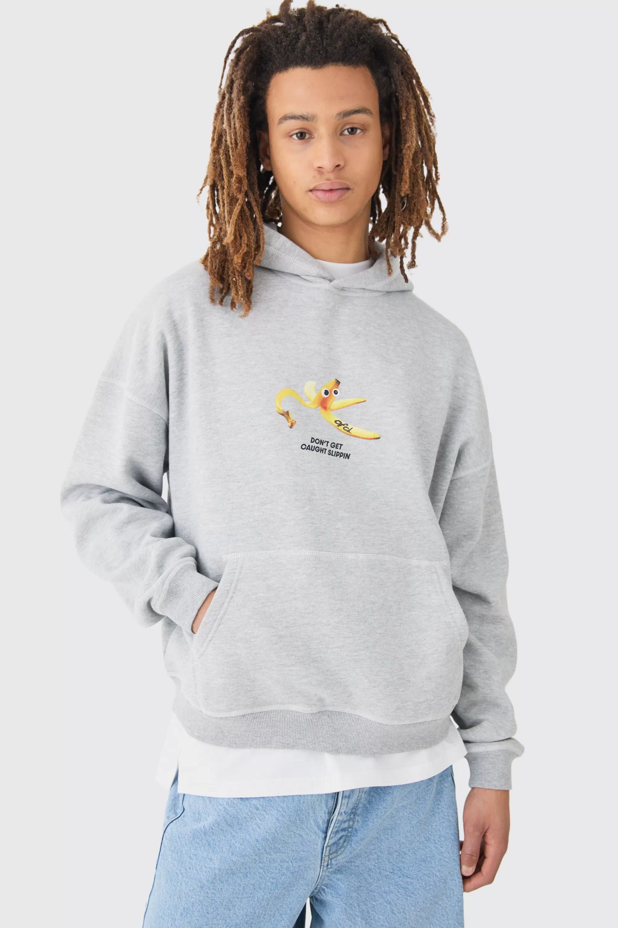boohooMAN Oversized Boxy Plush Drop Shoulder Printed Hoodie | UK