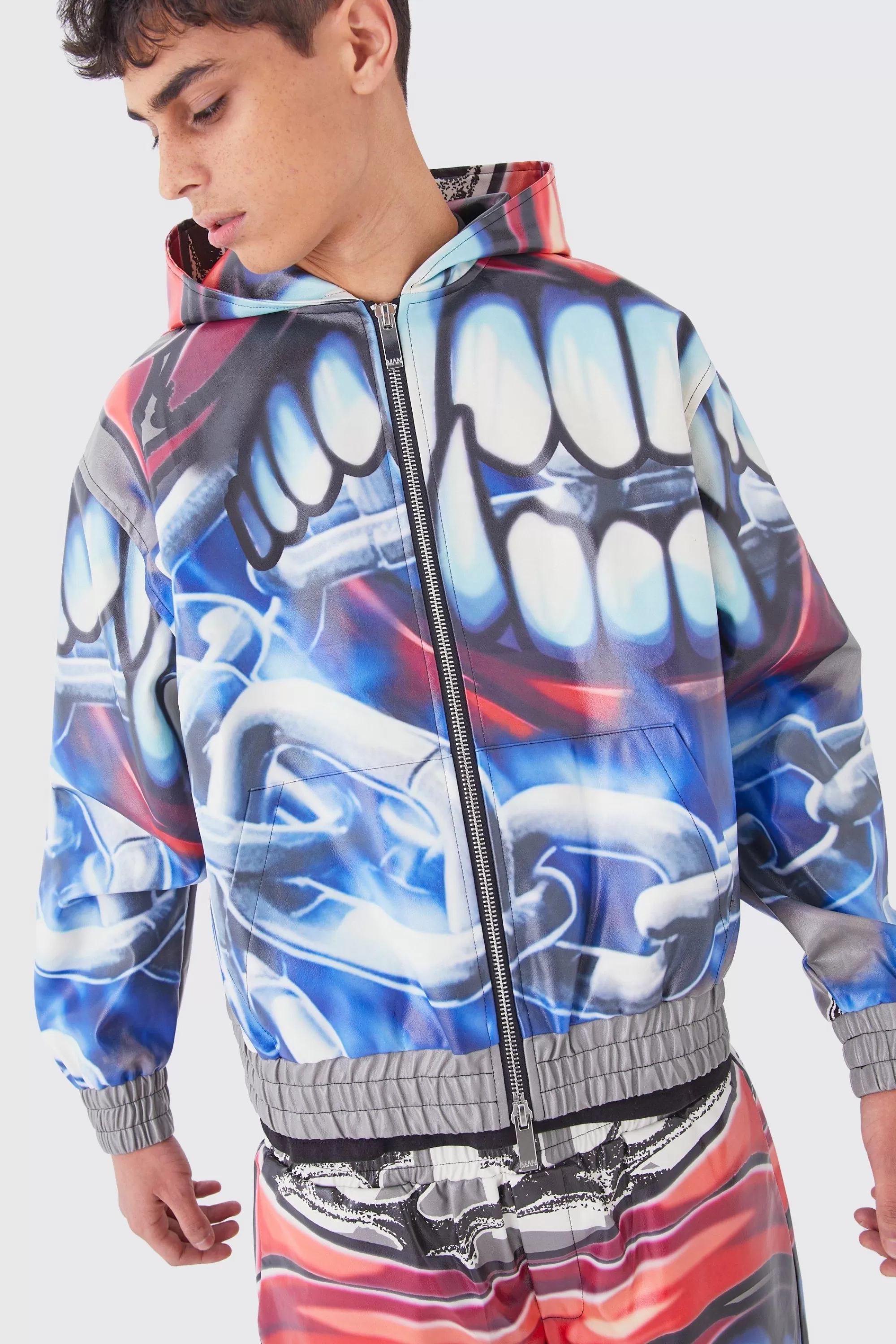 boohooMAN Oversized Boxy Printed Pu Hoodie | UK