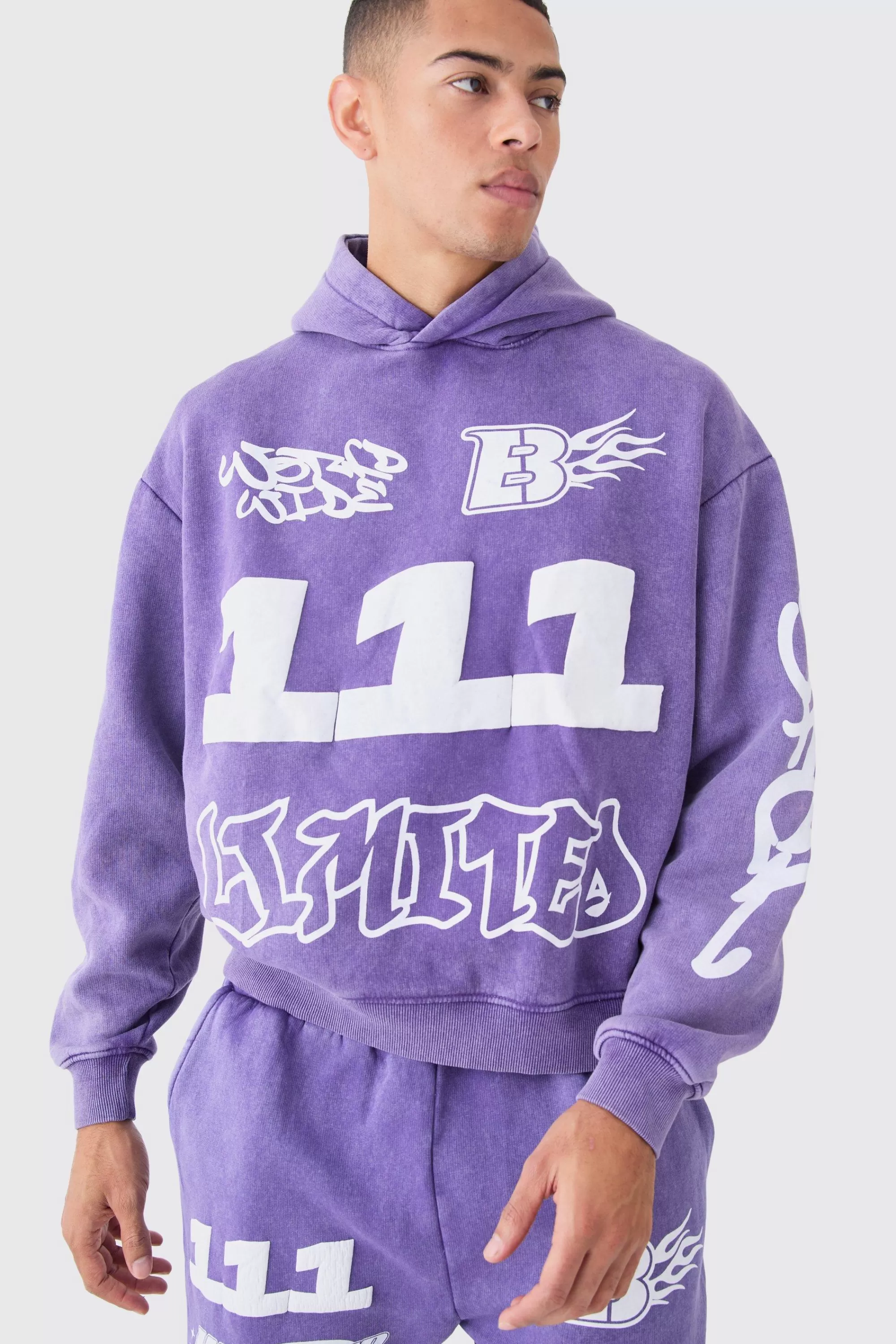 boohooMAN Oversized Boxy Puff Print Wash Hooded Tracksuit | UK