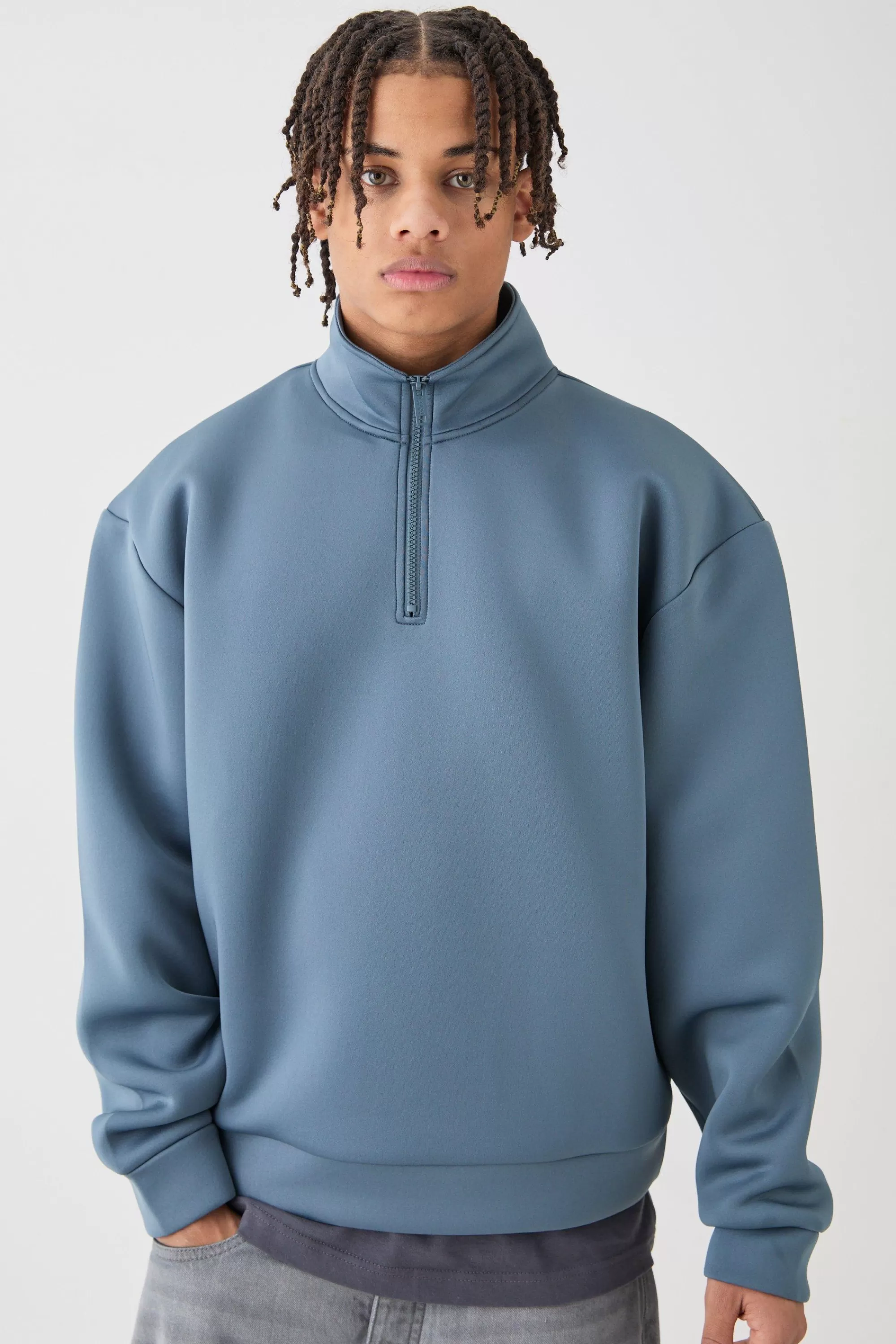 boohooMAN Oversized Boxy Quarter Zip Bonded Scuba Sweater | UK