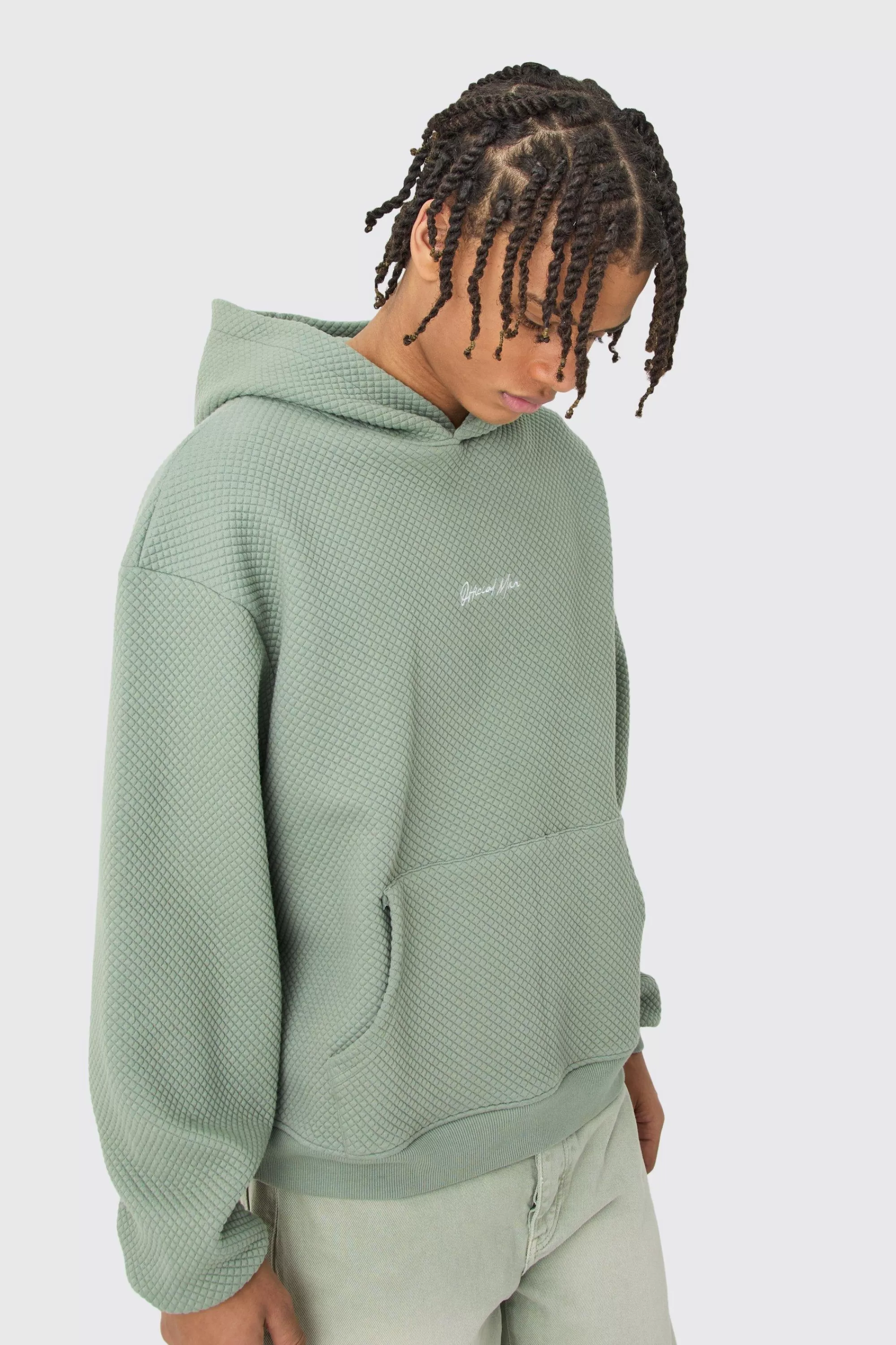 boohooMAN Oversized Boxy Quilted Embroided Hoodie | UK