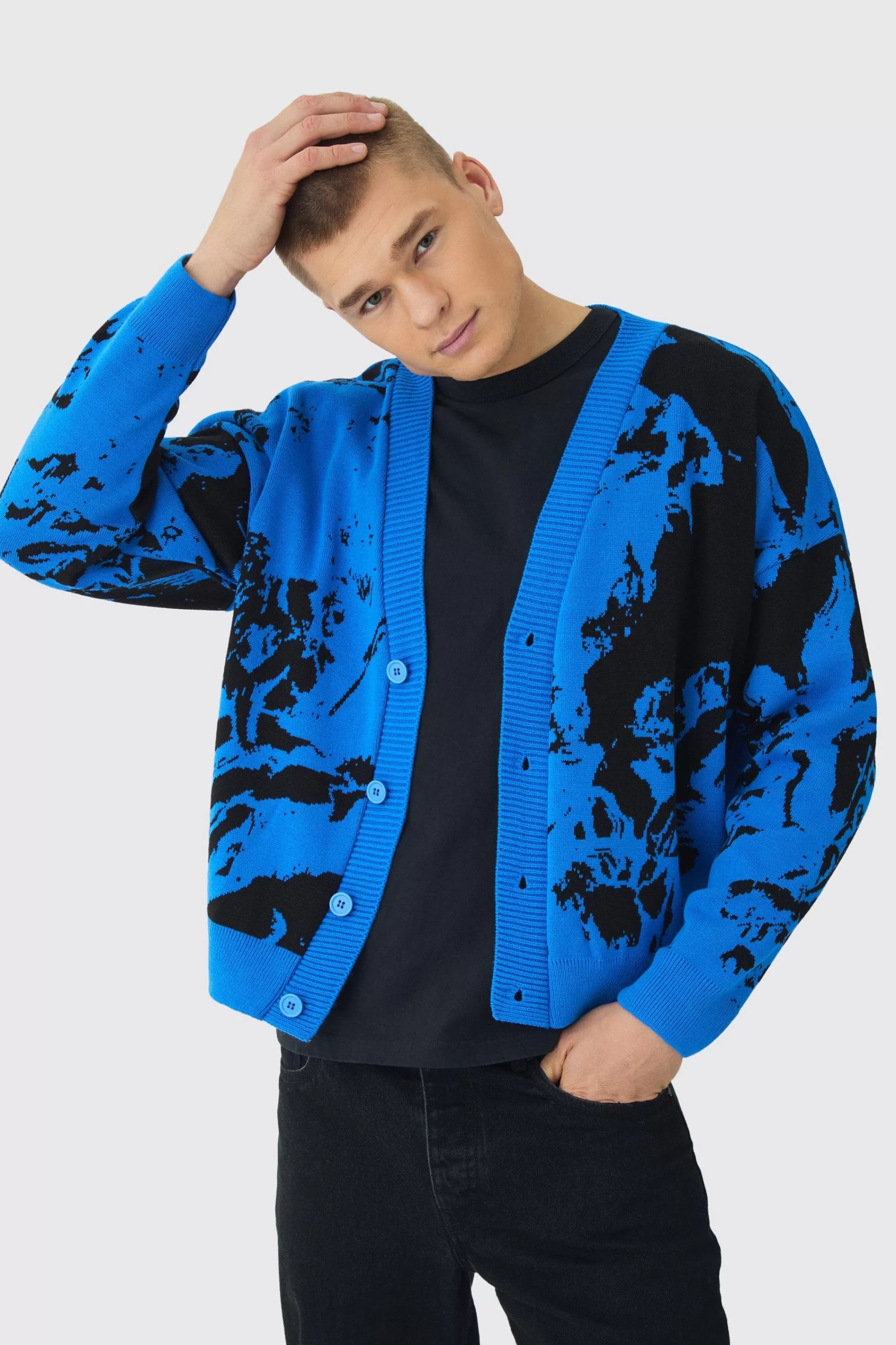 boohooMAN Oversized Boxy Renaissance Graphic Knit Cardigan | UK