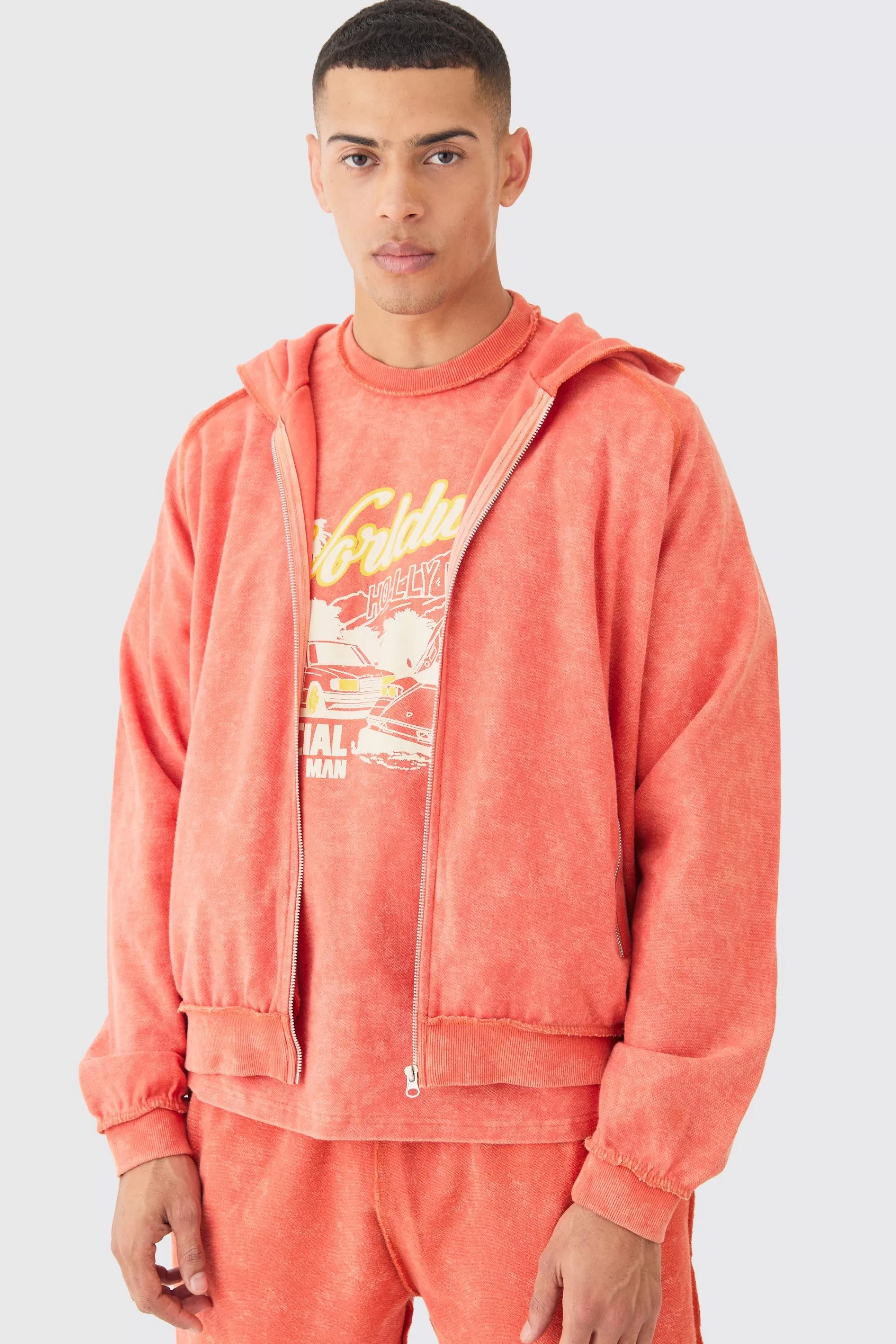 boohooMAN Oversized Boxy Reverse Loopback Printed Zip Through Hoodie | UK