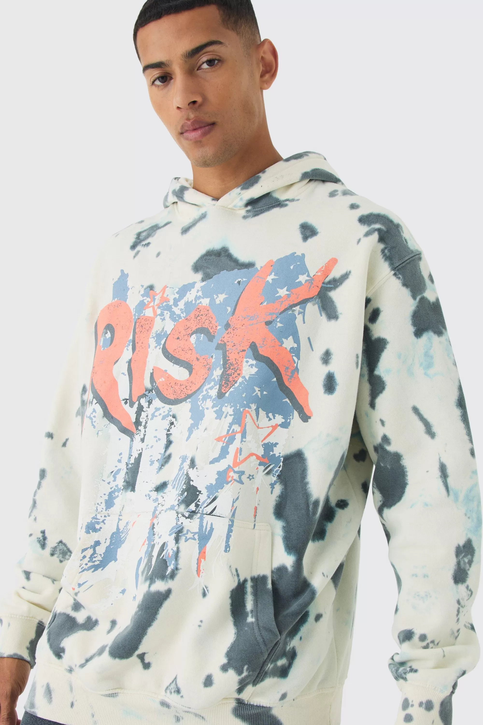 boohooMAN Oversized Boxy Risk Print Hoodie | UK