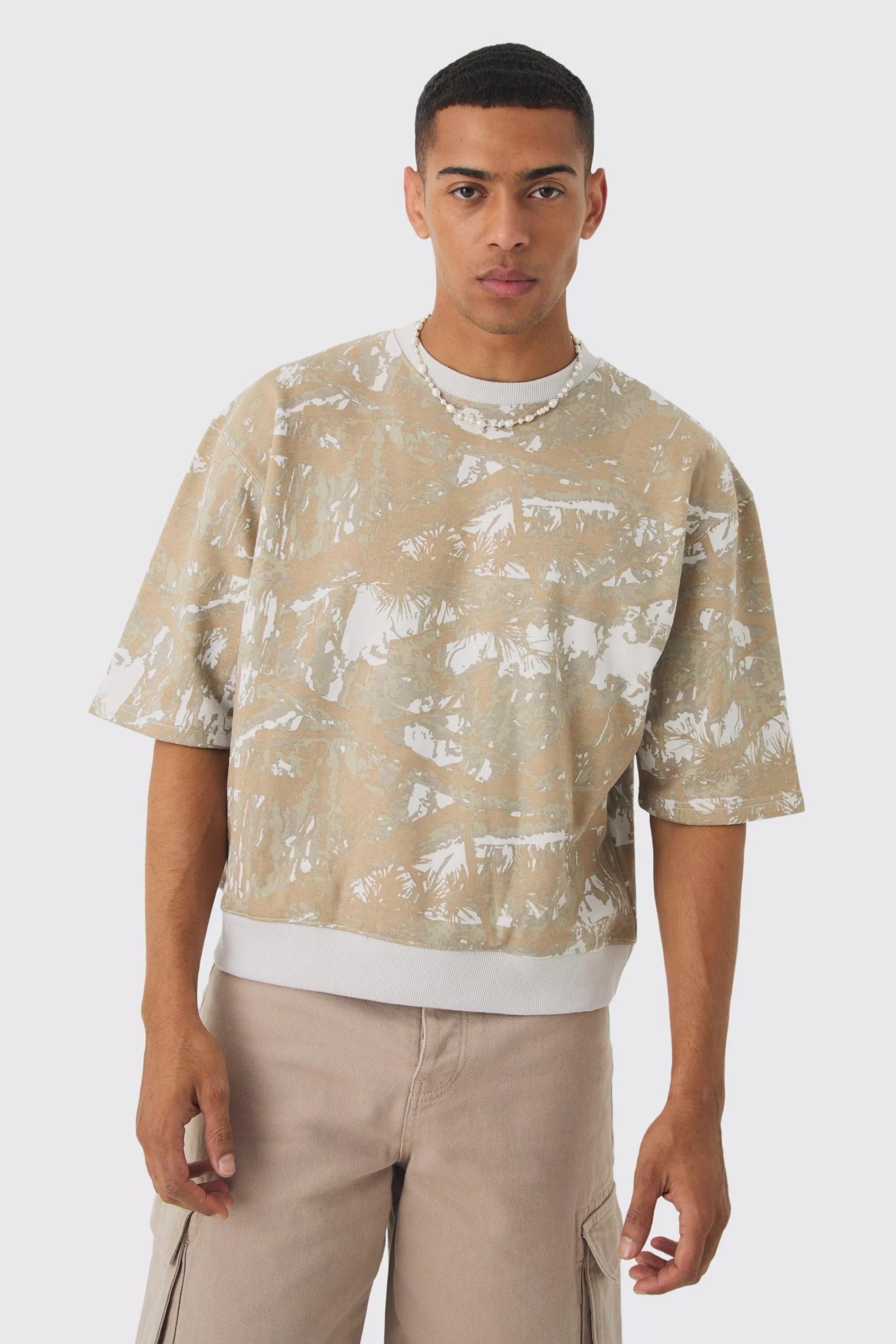boohooMAN Oversized Boxy Short Sleeve Forest Printed Sweatshirt | UK