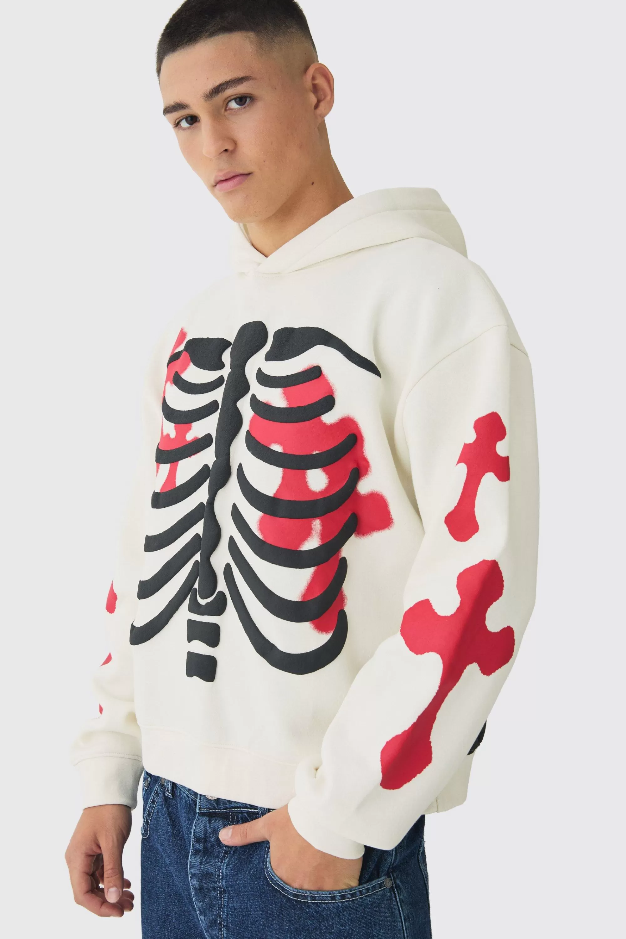 boohooMAN Oversized Boxy Skeleton Puff Print Cross Hoodie | UK