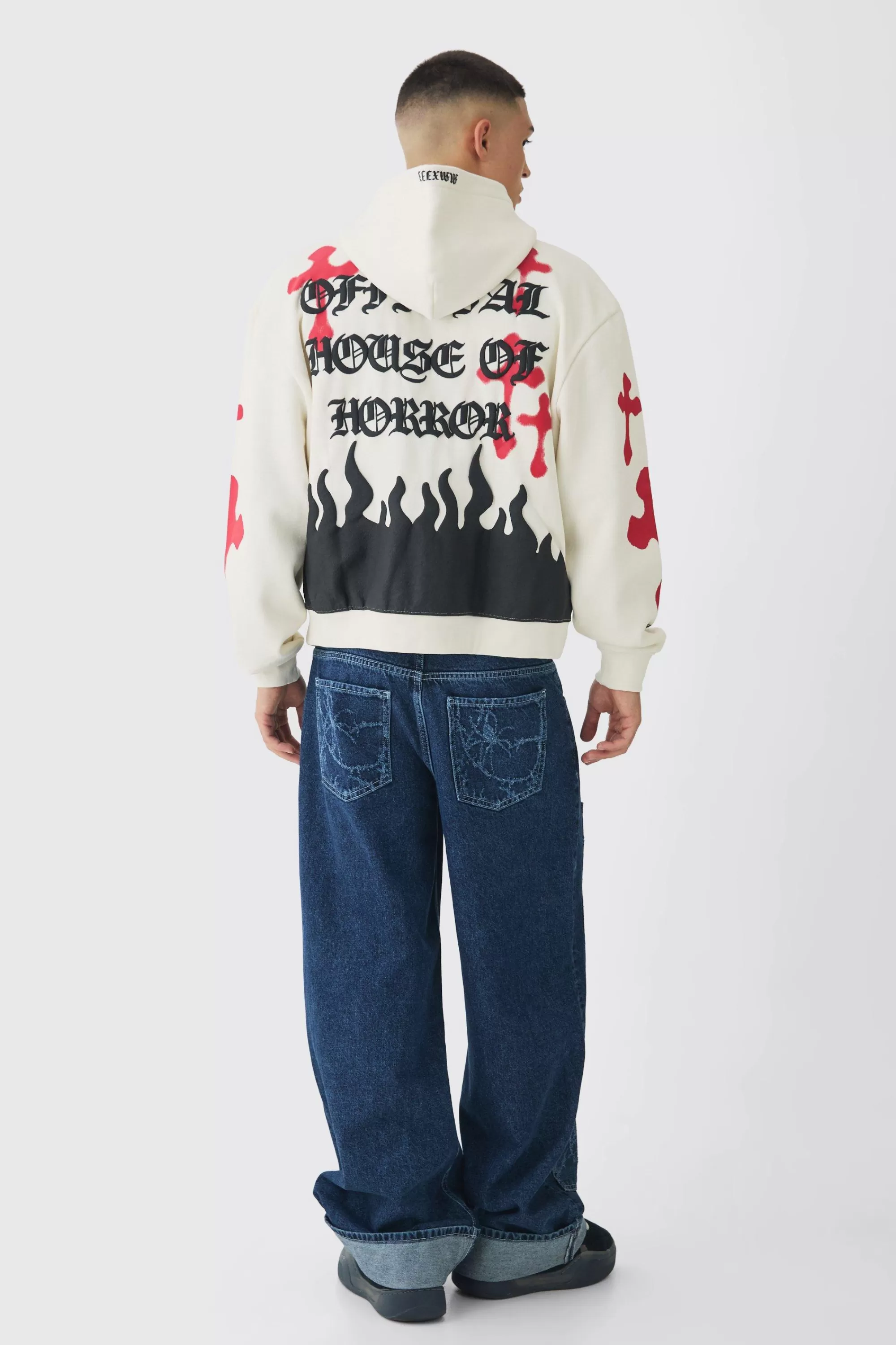 boohooMAN Oversized Boxy Skeleton Puff Print Cross Hoodie | UK