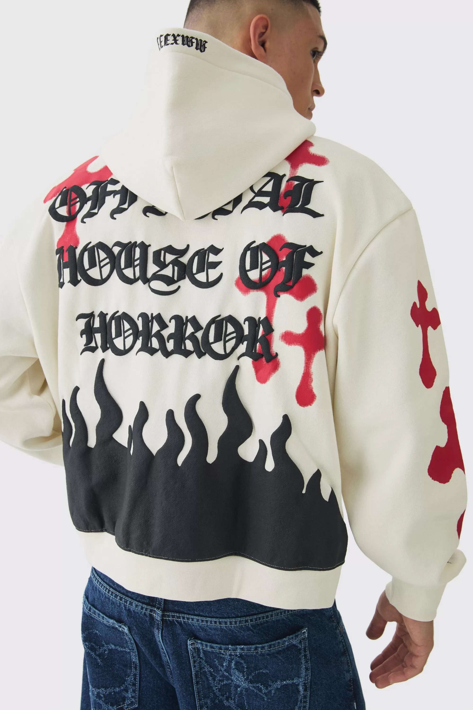 boohooMAN Oversized Boxy Skeleton Puff Print Cross Hoodie | UK