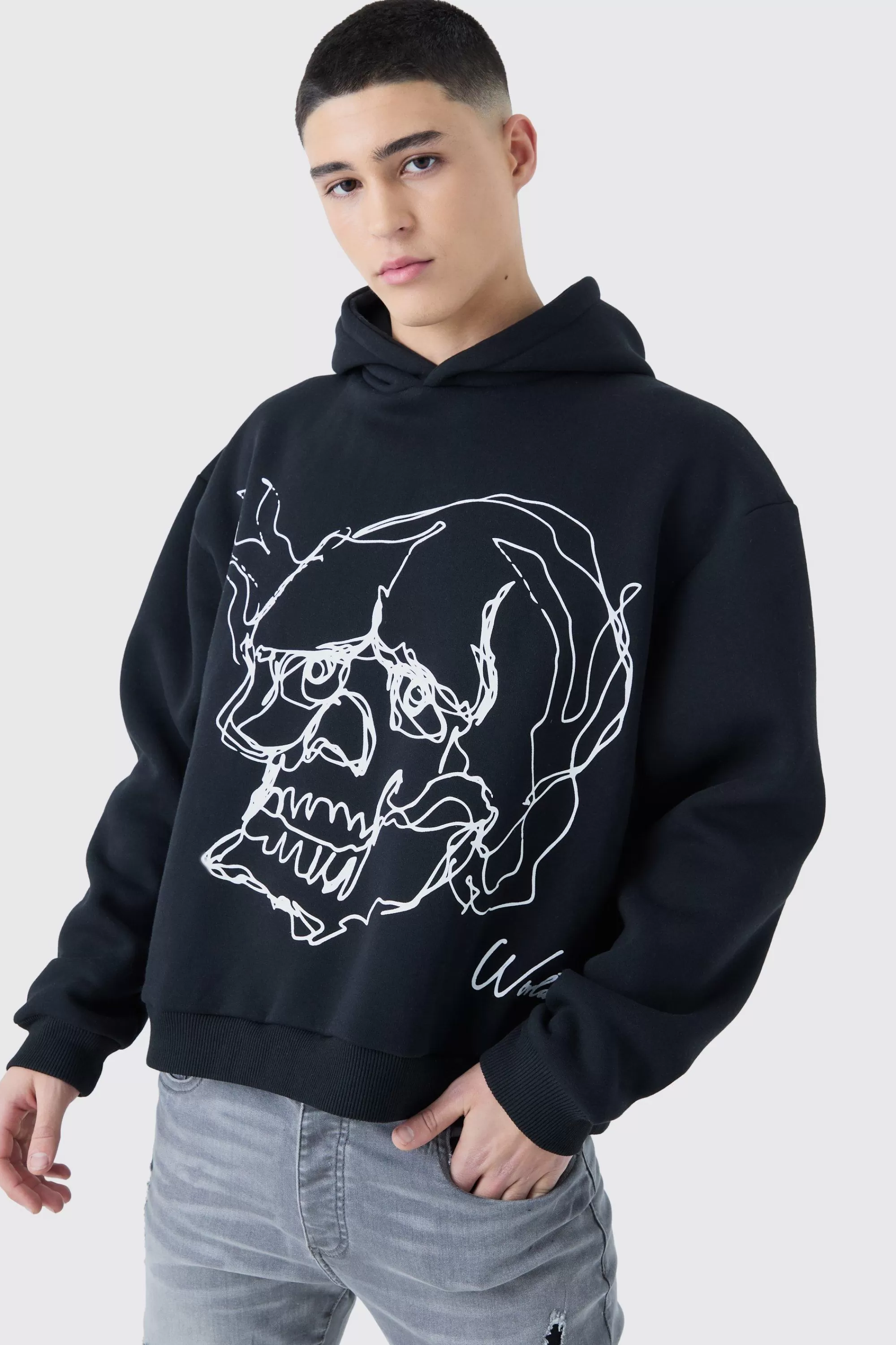 boohooMAN Oversized Boxy Skull Line Drawing Hoodie | UK