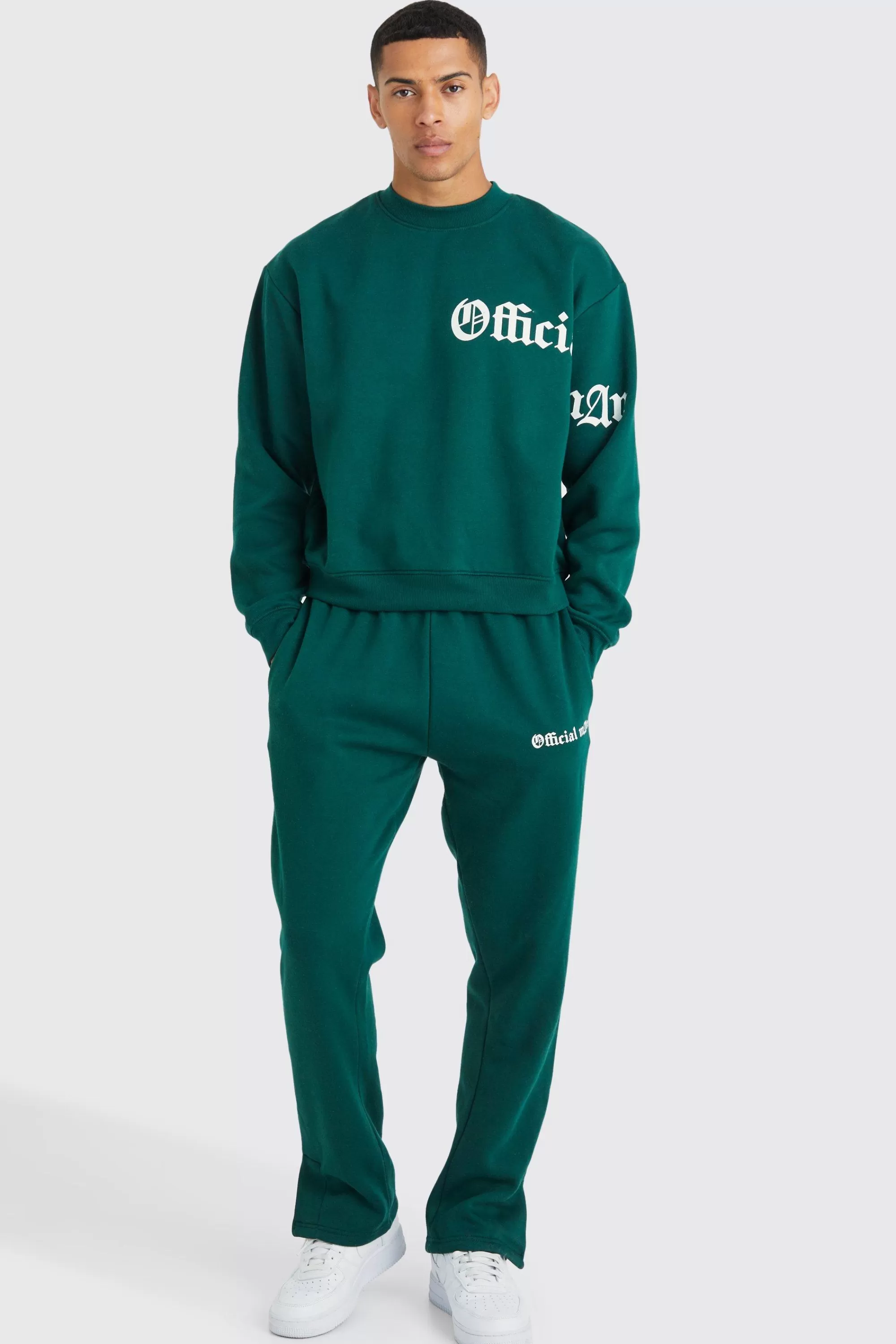 boohooMAN Oversized Boxy Slogan Sweatshirt Tracksuit | UK