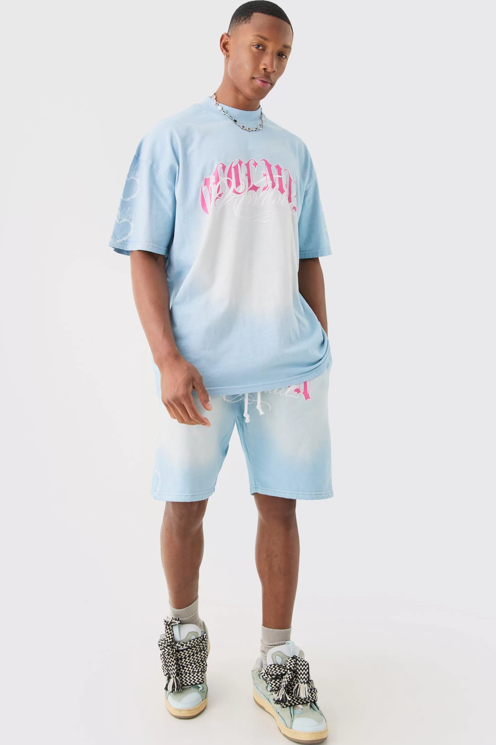 boohooMAN Oversized Boxy Spray Wash Multi Heart T-shirt & Short Set | UK