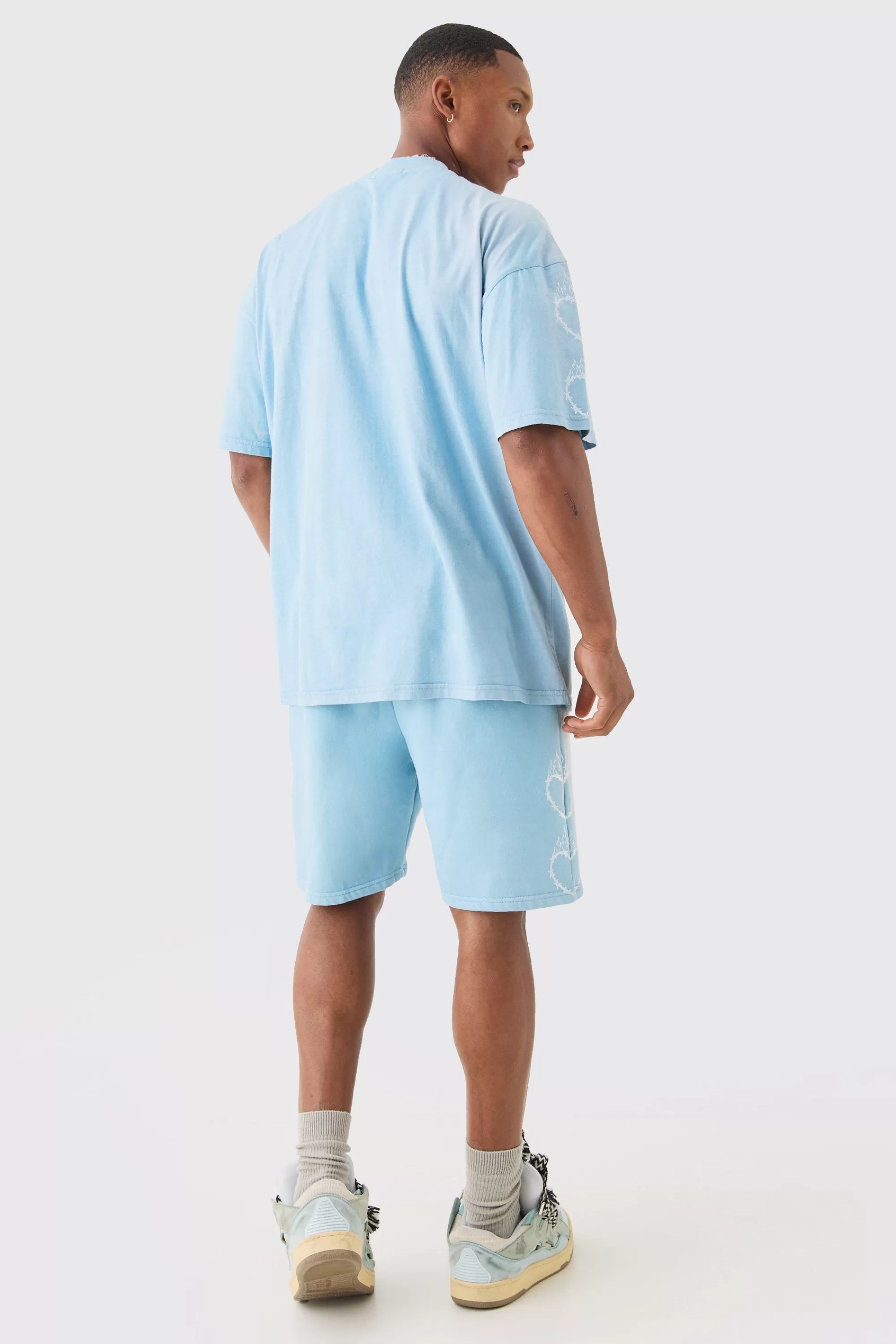 boohooMAN Oversized Boxy Spray Wash Multi Heart T-shirt & Short Set | UK