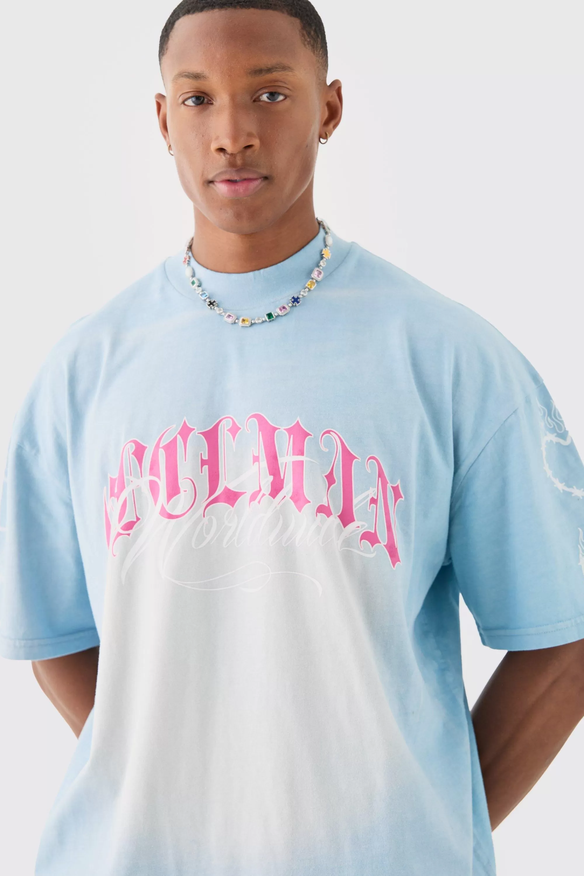 boohooMAN Oversized Boxy Spray Wash Multi Heart T-shirt & Short Set | UK