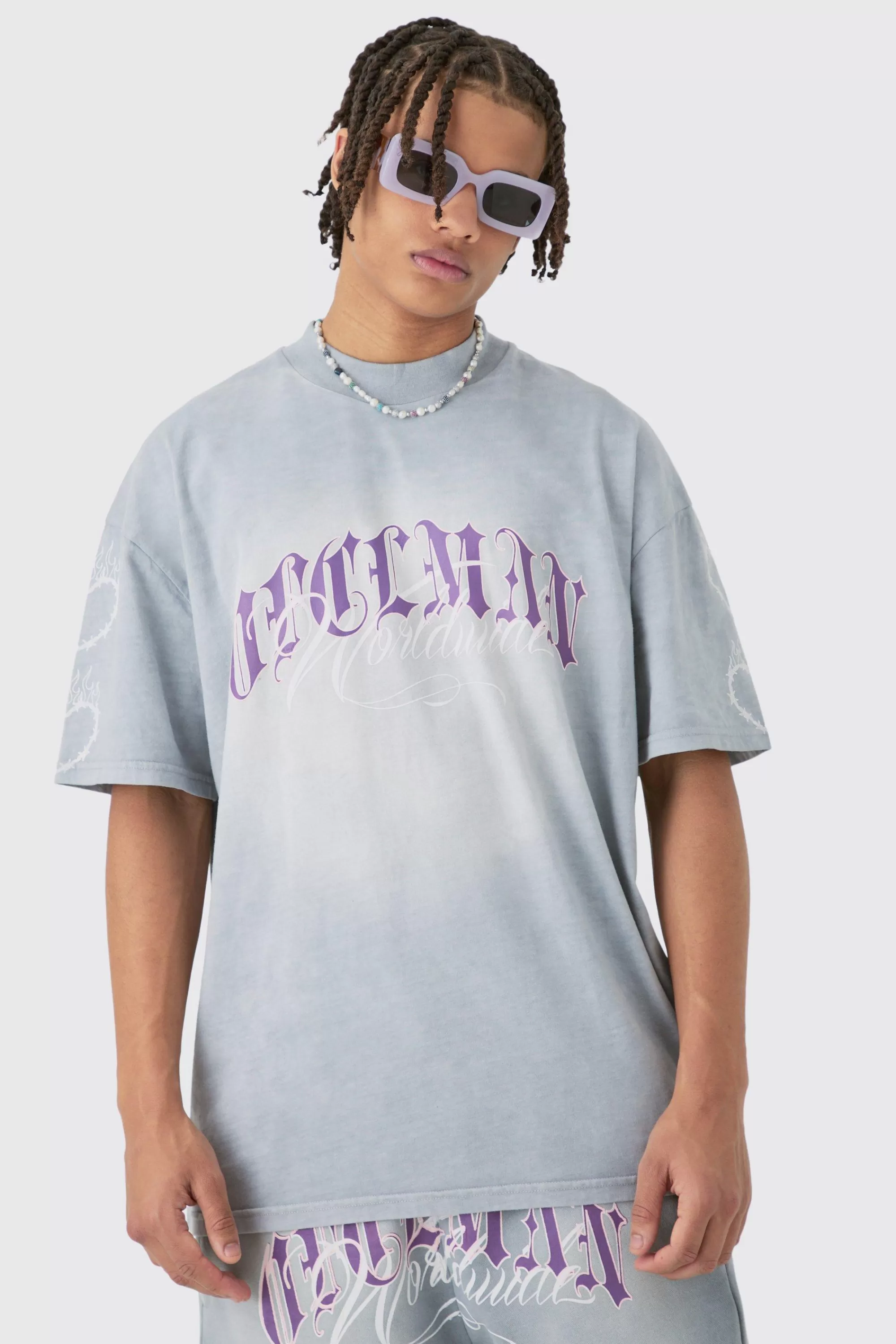 boohooMAN Oversized Boxy Spray Wash Multi Heart T-shirt & Short Set | UK