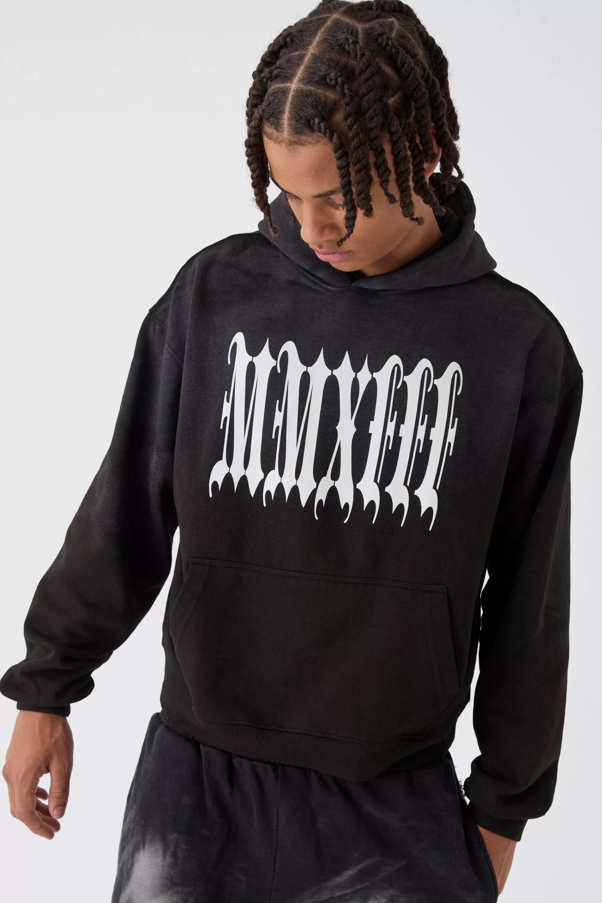 boohooMAN Oversized Boxy Spray Washed Blurred MMXIII Print Hoodie | UK