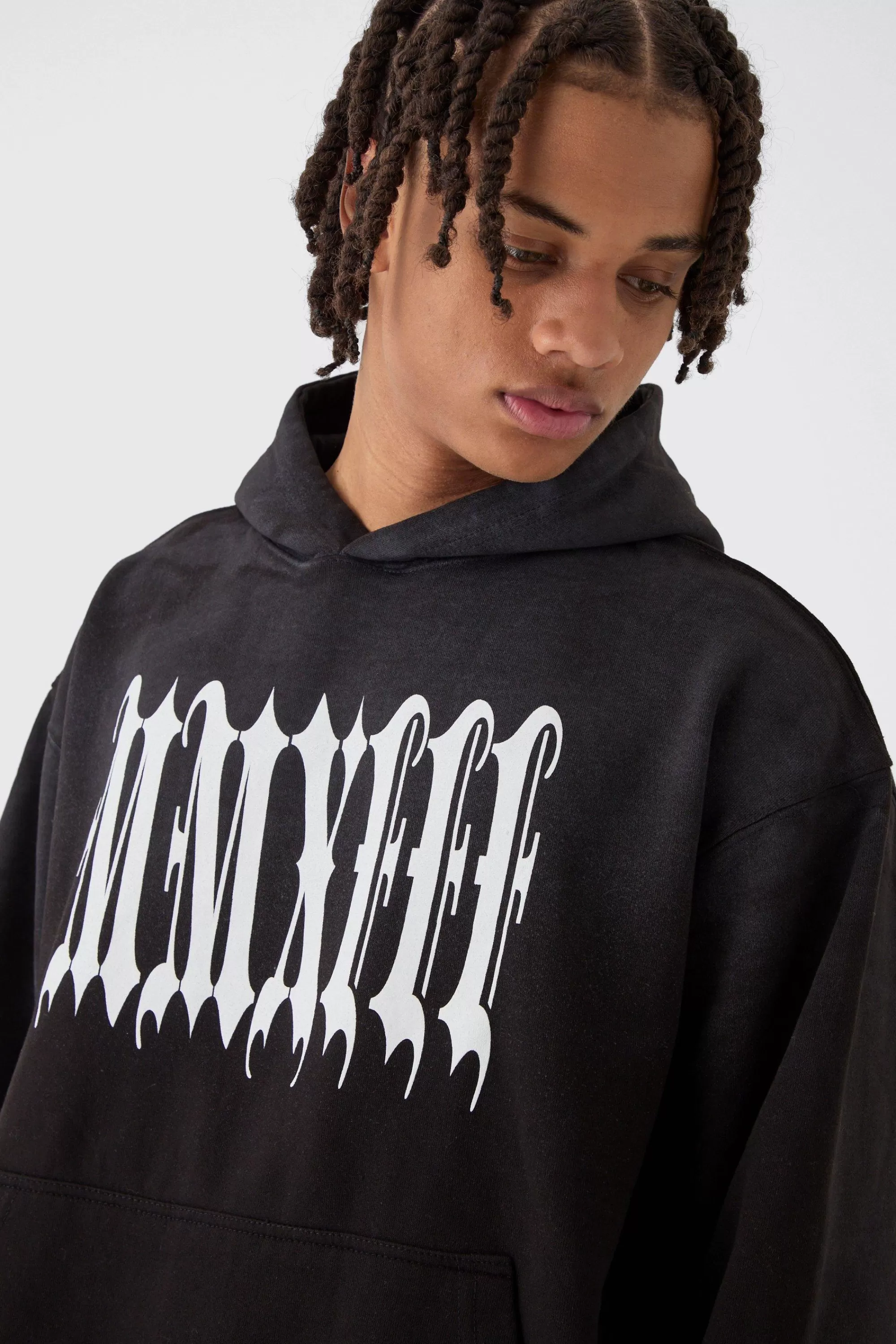 boohooMAN Oversized Boxy Spray Washed Blurred MMXIII Print Hoodie | UK