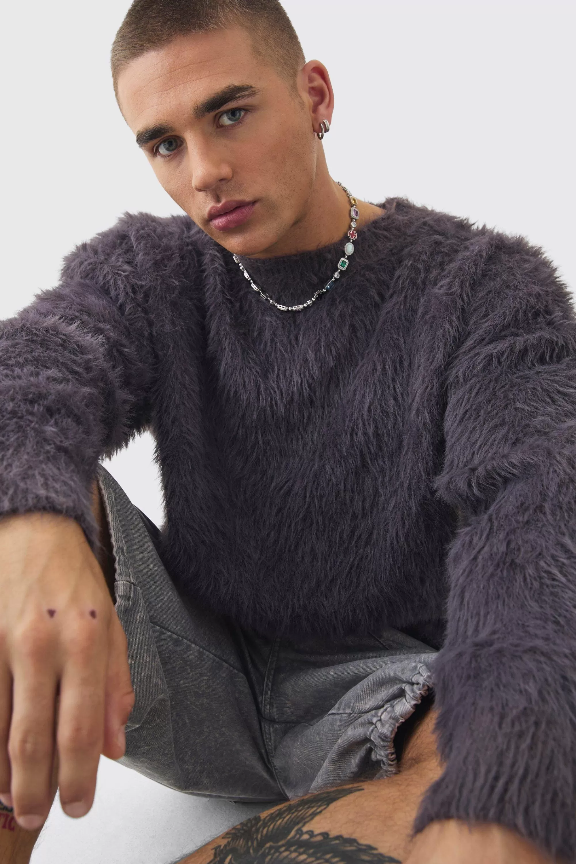 boohooMAN Oversized Boxy Super Fluffy Knitted Jumper | UK