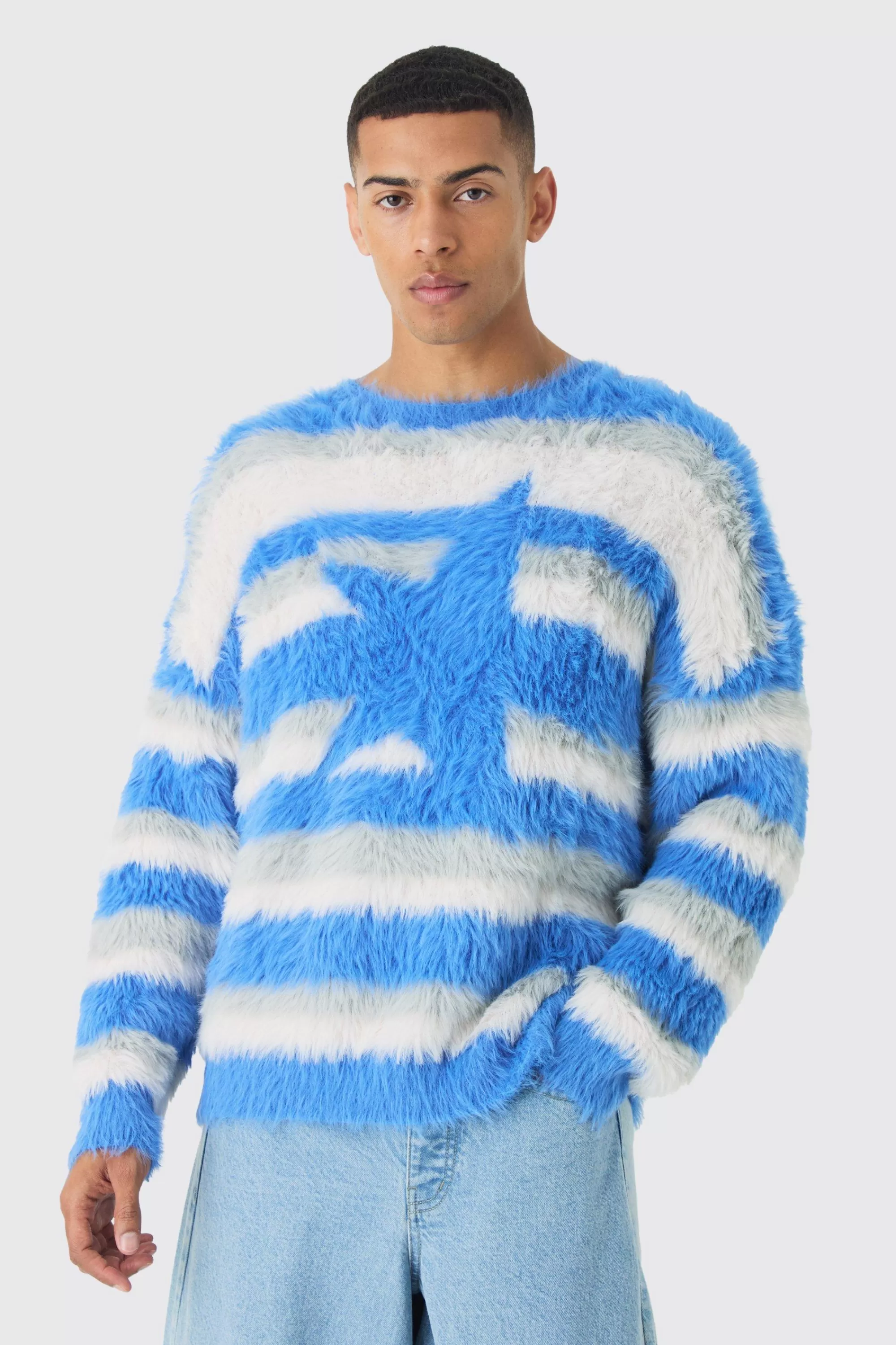 boohooMAN Oversized Boxy Super Fluffy Stripe Jumper | UK