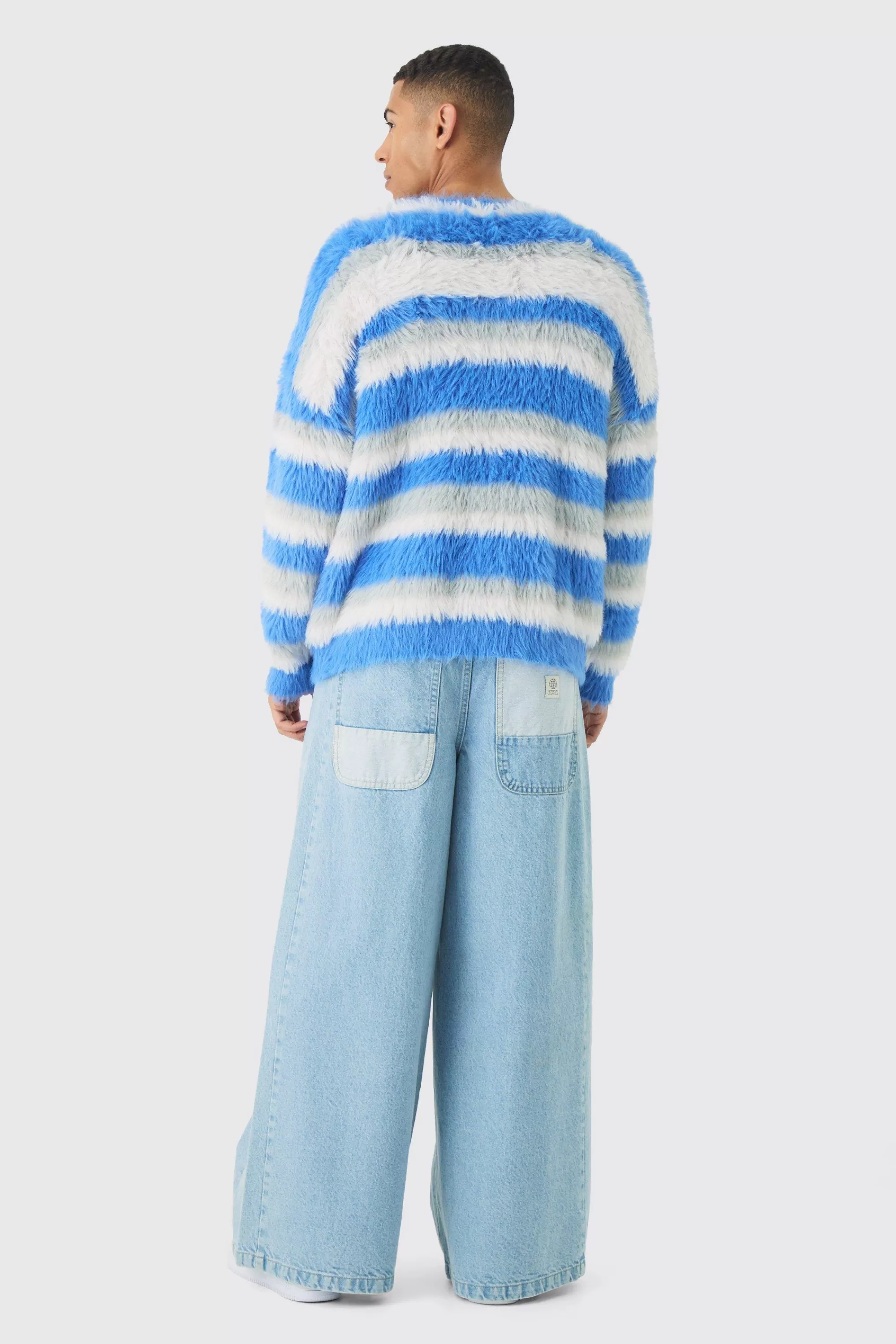 boohooMAN Oversized Boxy Super Fluffy Stripe Jumper | UK