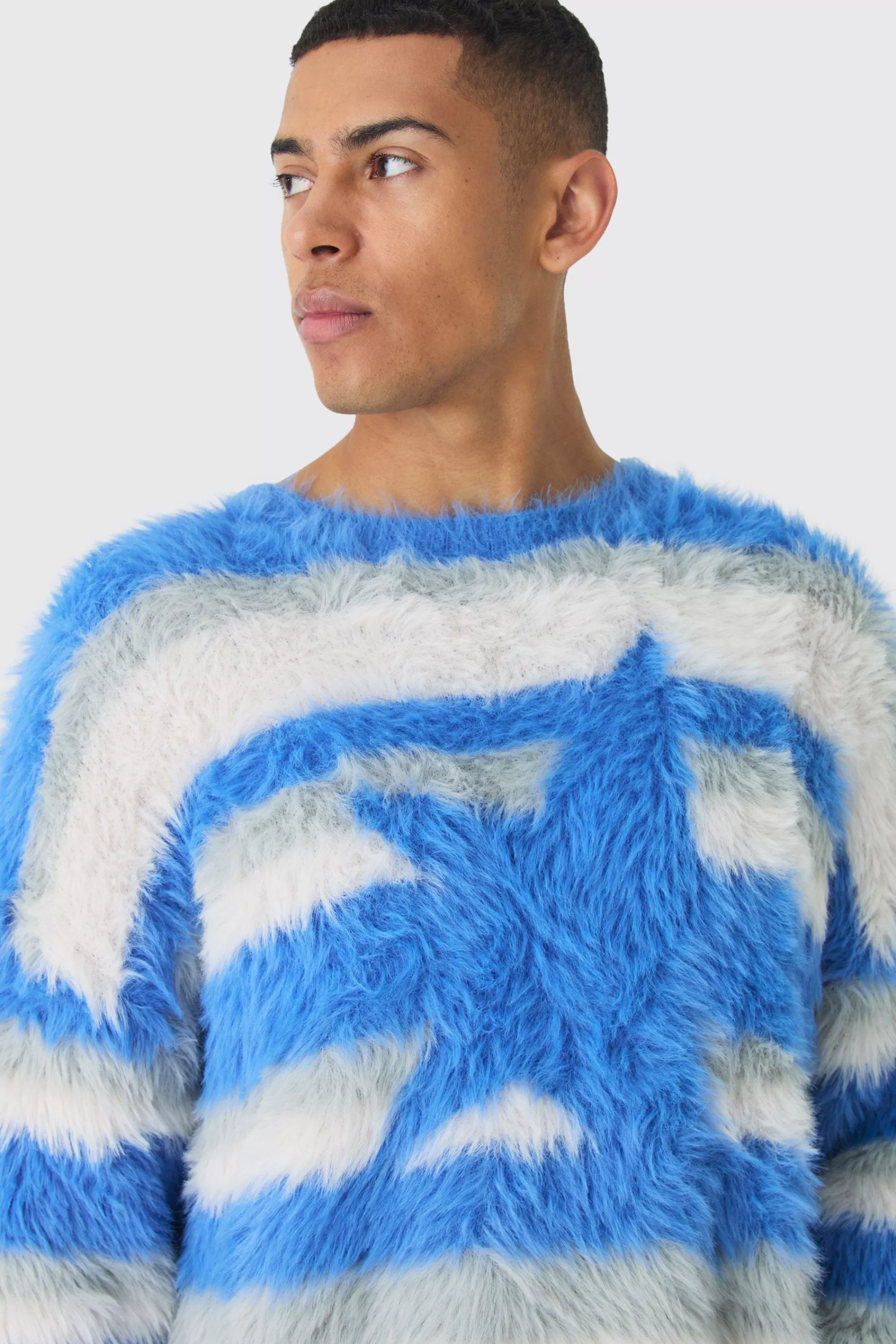 boohooMAN Oversized Boxy Super Fluffy Stripe Jumper | UK