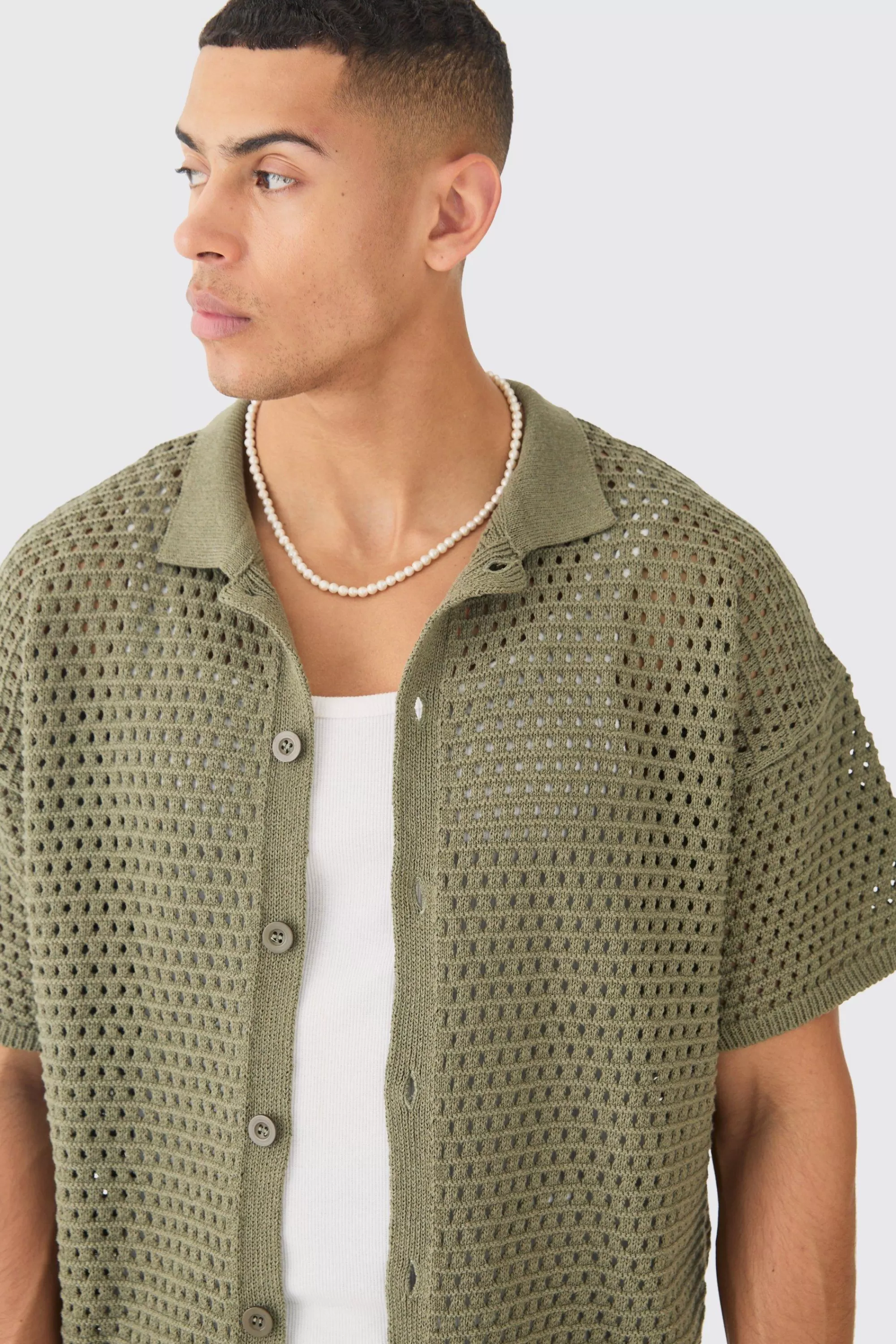 boohooMAN Oversized Boxy Textured Open Stitch Knit Shirt In | UK