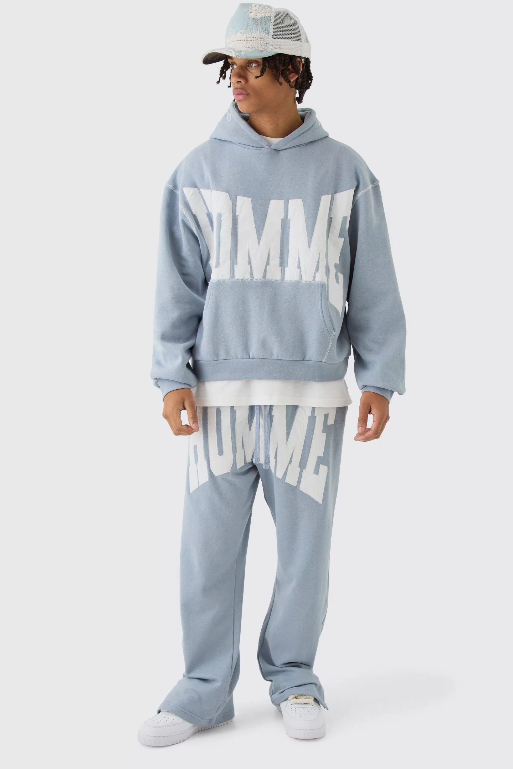 boohooMAN Oversized Boxy Twill Applique Contrast Stitch Hooded Tracksuit | UK