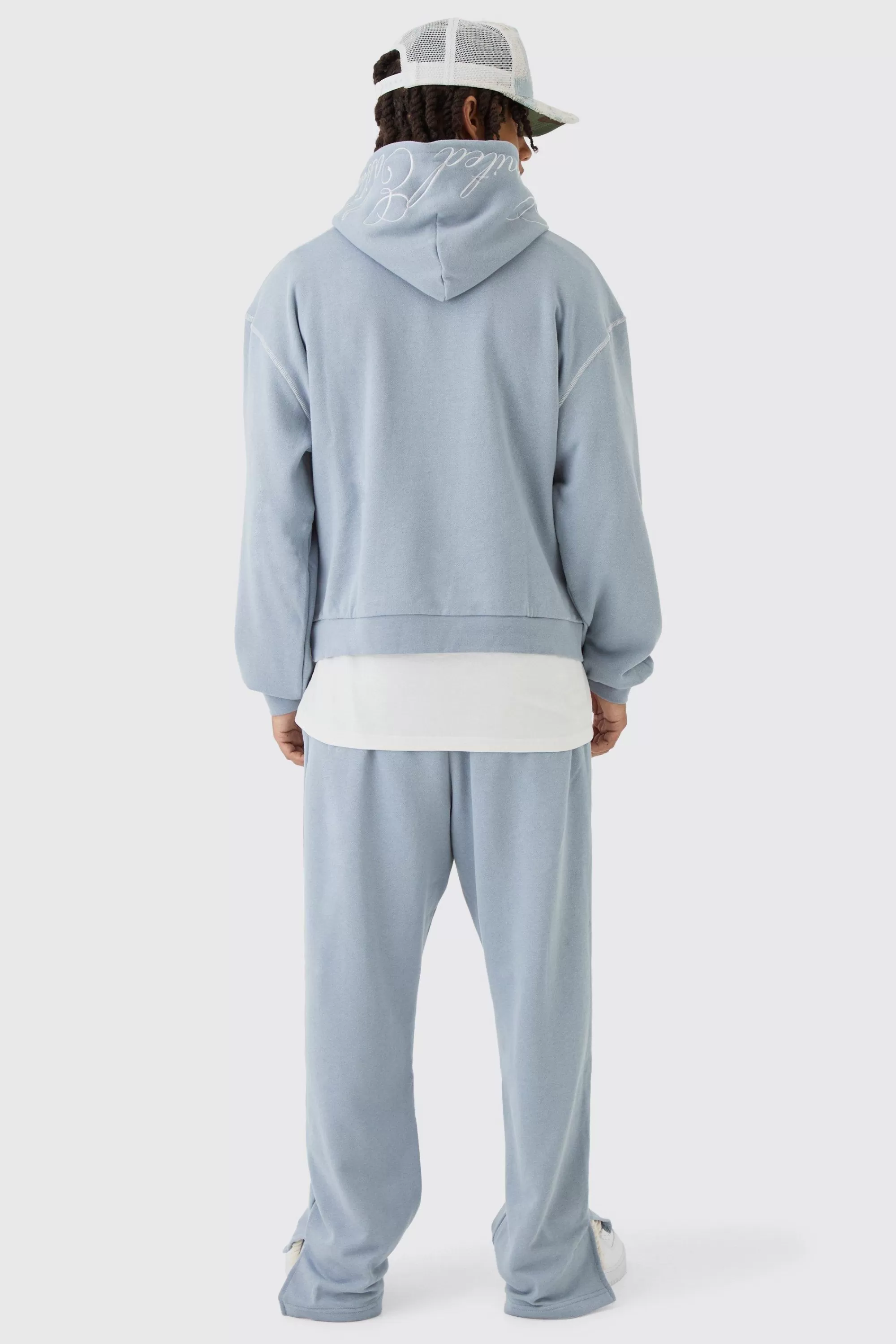 boohooMAN Oversized Boxy Twill Applique Contrast Stitch Hooded Tracksuit | UK