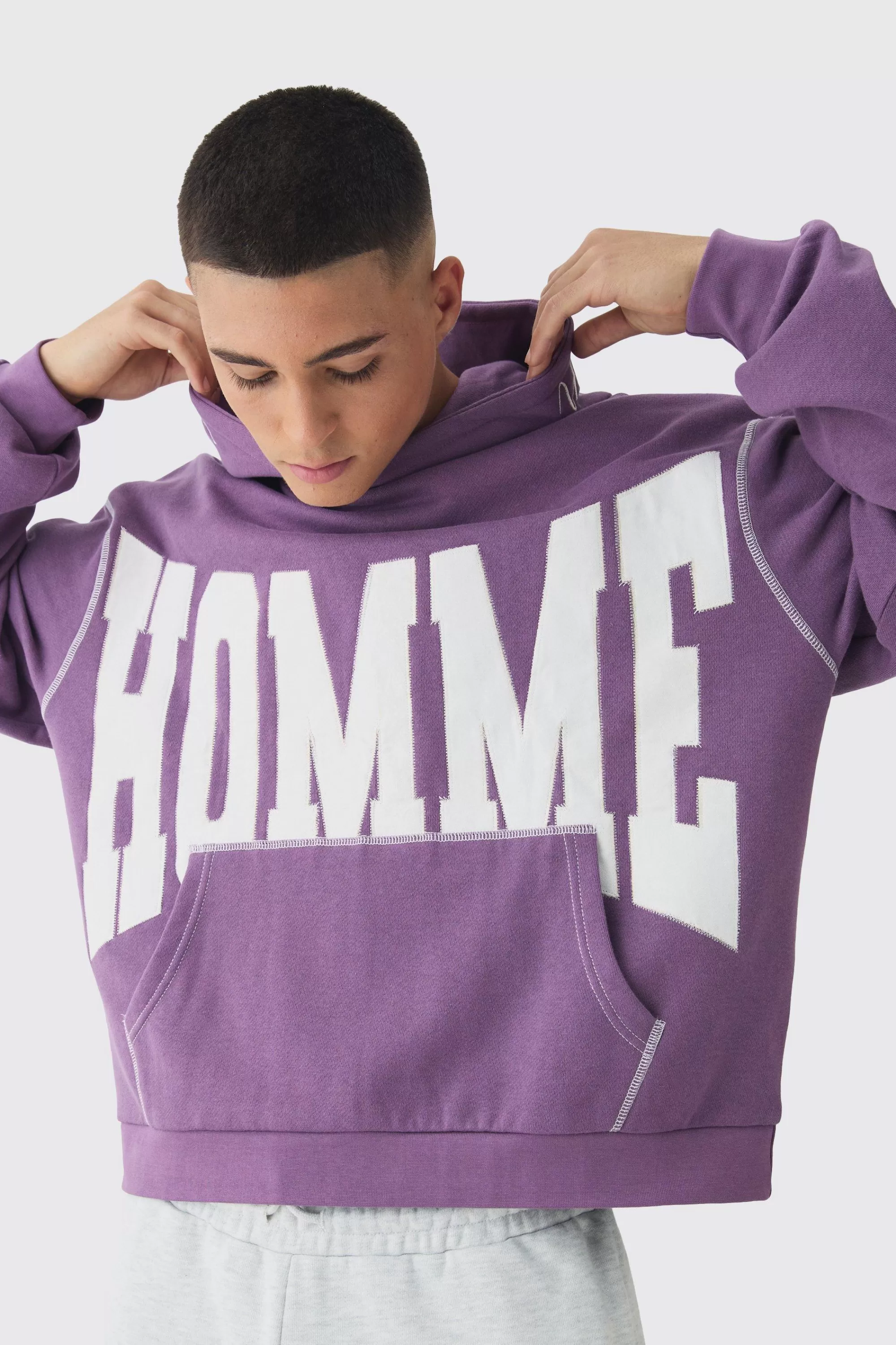 boohooMAN Oversized Boxy Twill Applique Contrast Stitch Hoodie | UK