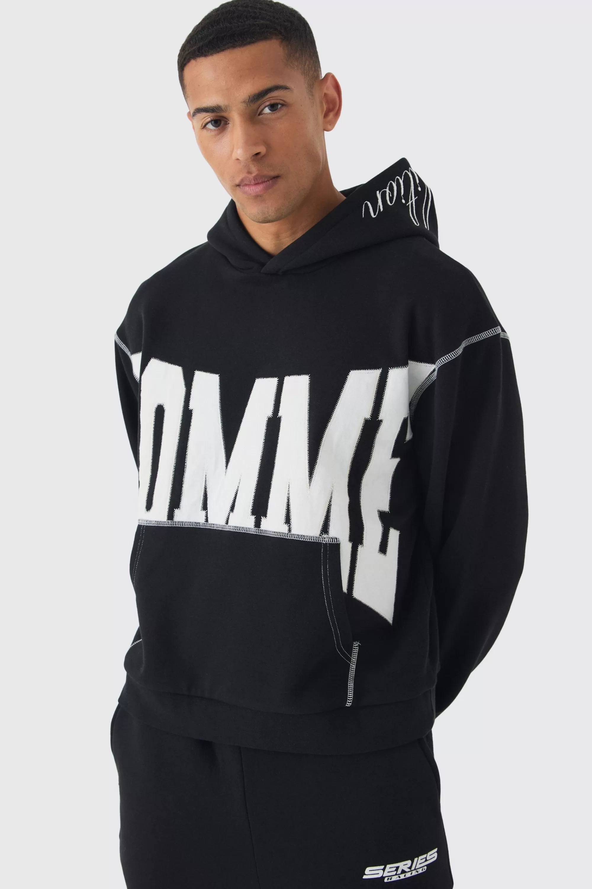 boohooMAN Oversized Boxy Twill Applique Contrast Stitch Hoodie | UK