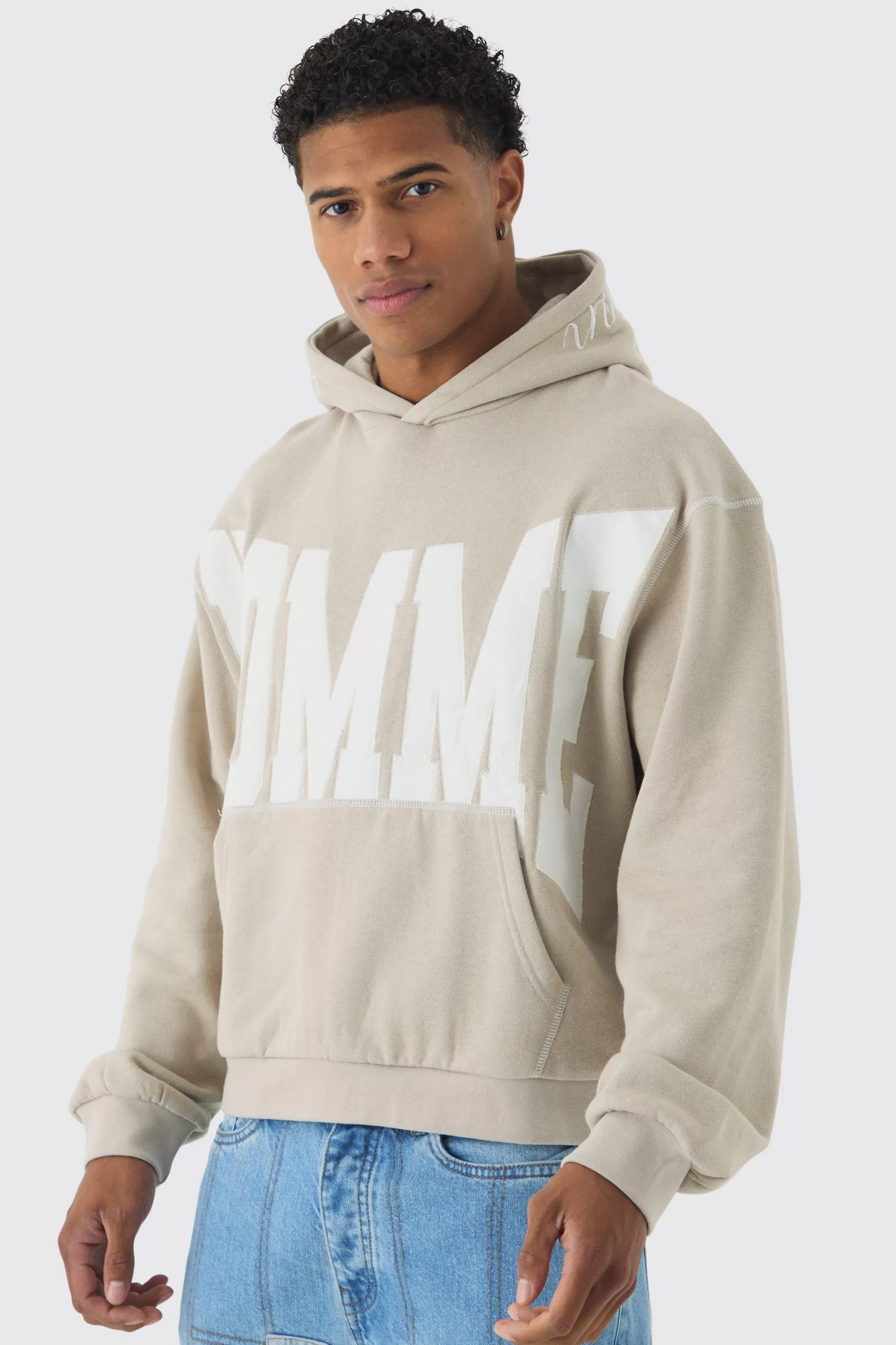 boohooMAN Oversized Boxy Twill Applique Contrast Stitch Hoodie | UK