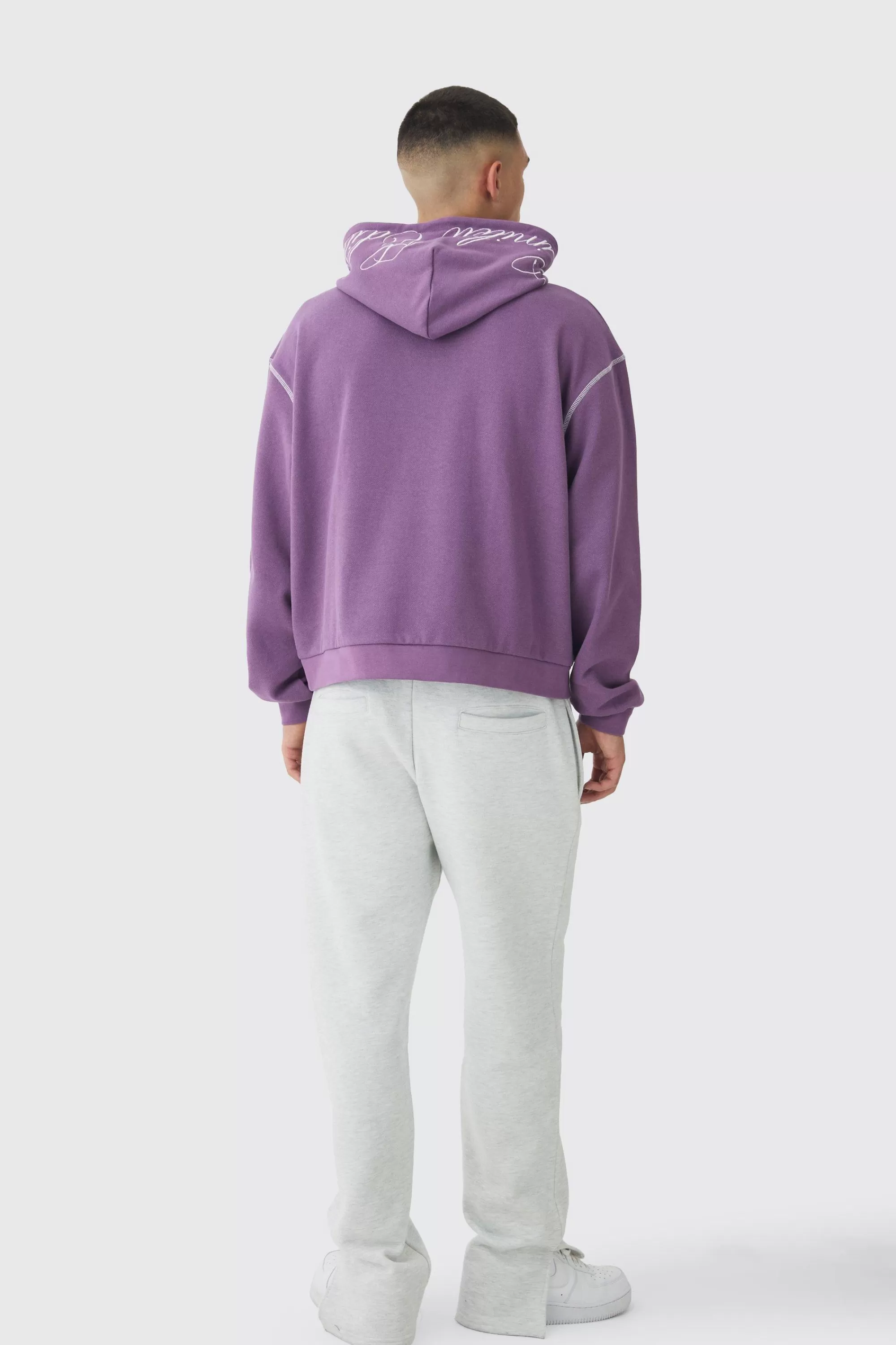boohooMAN Oversized Boxy Twill Applique Contrast Stitch Hoodie | UK