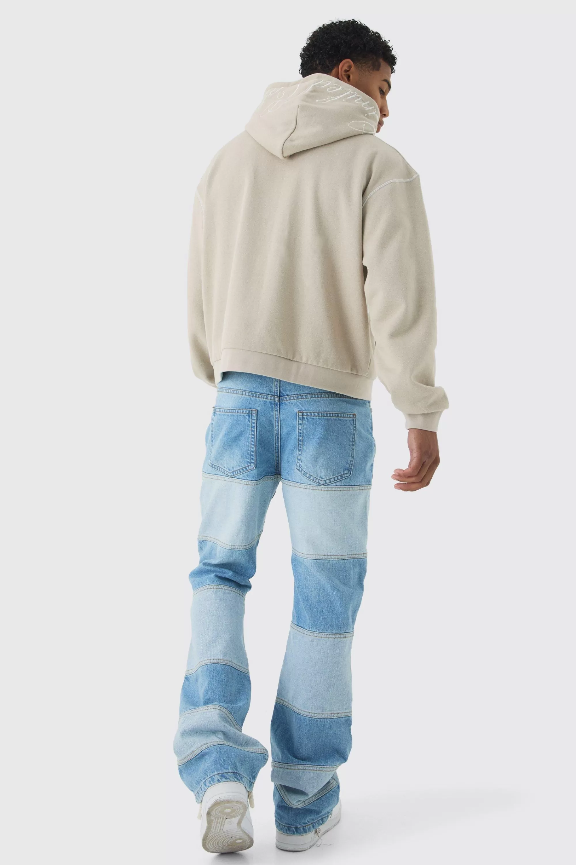 boohooMAN Oversized Boxy Twill Applique Contrast Stitch Hoodie | UK