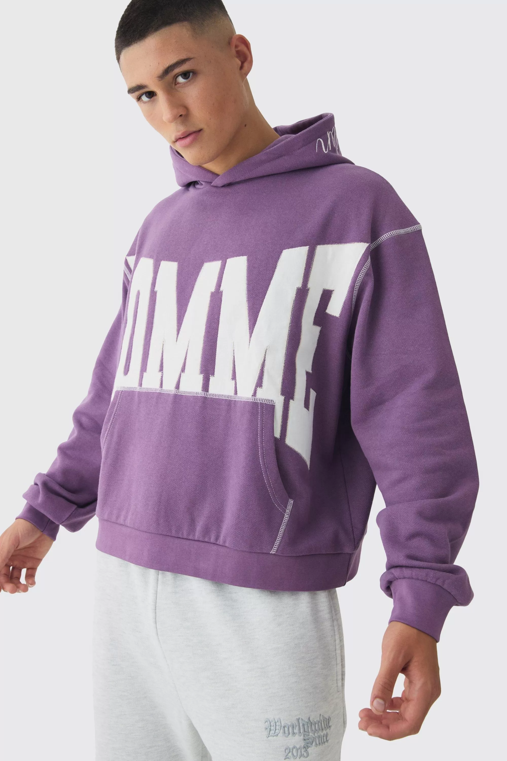 boohooMAN Oversized Boxy Twill Applique Contrast Stitch Hoodie | UK