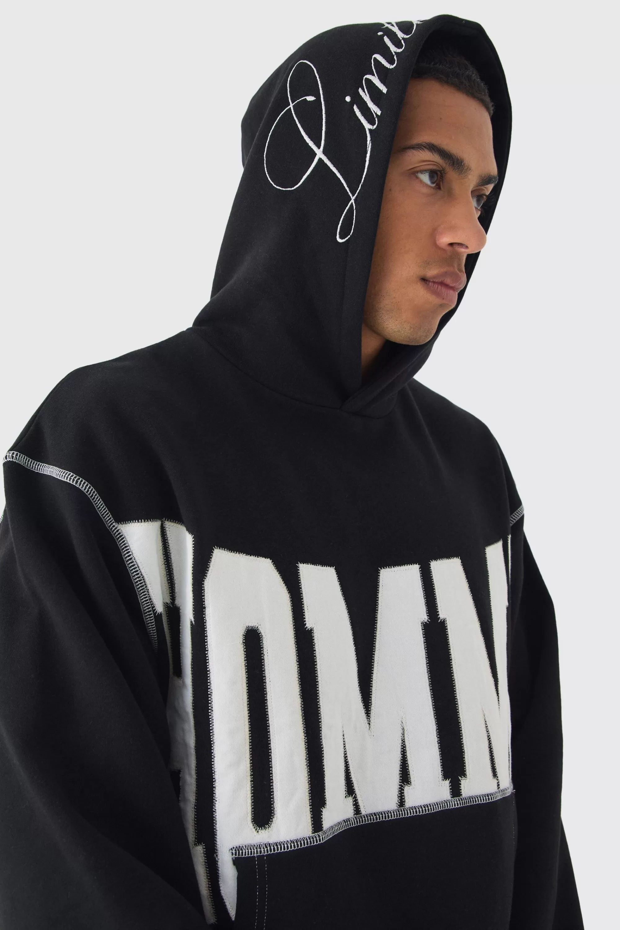 boohooMAN Oversized Boxy Twill Applique Contrast Stitch Hoodie | UK