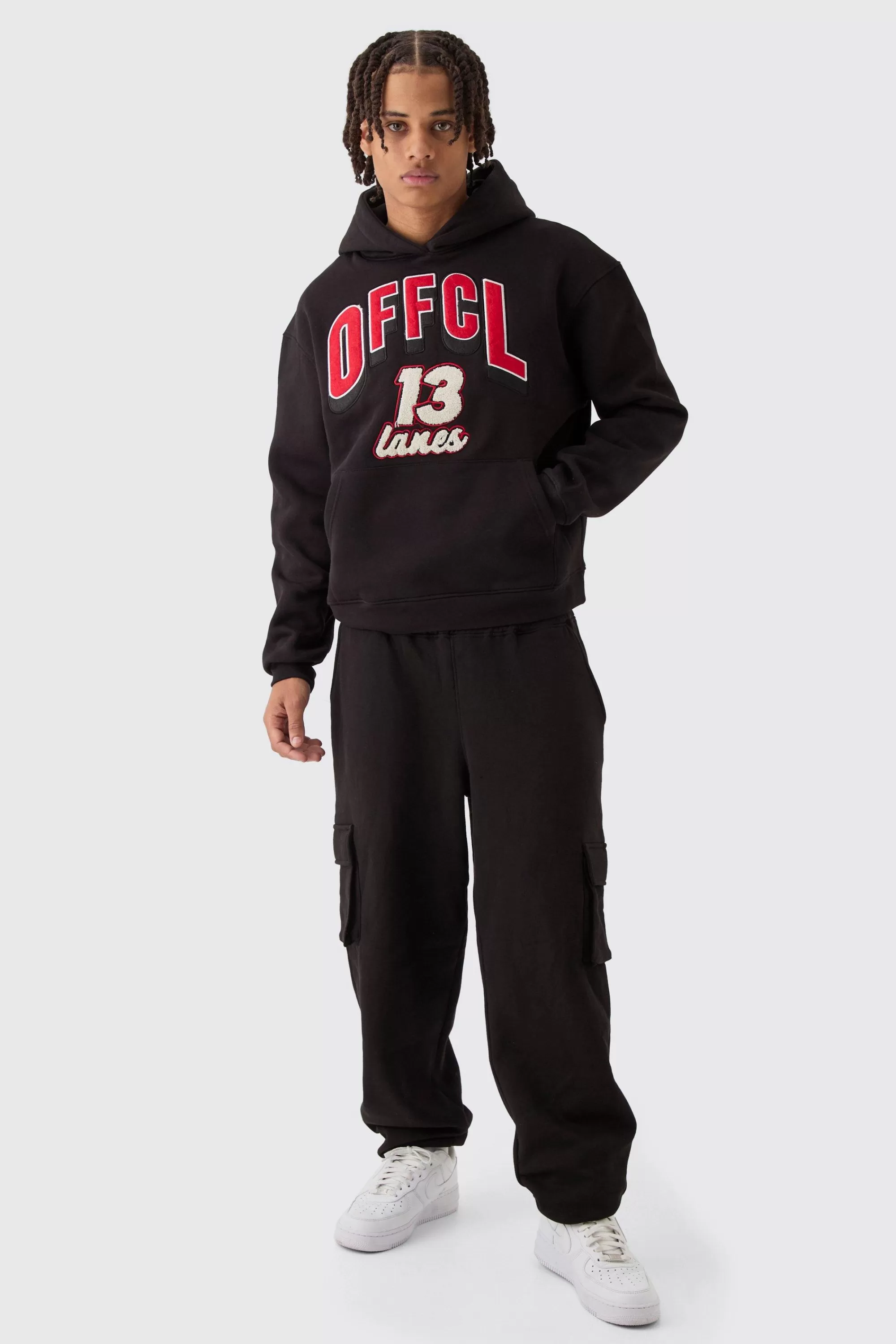 boohooMAN Oversized Boxy Varsity Applique Cargo & Hoodie Tracksuit | UK